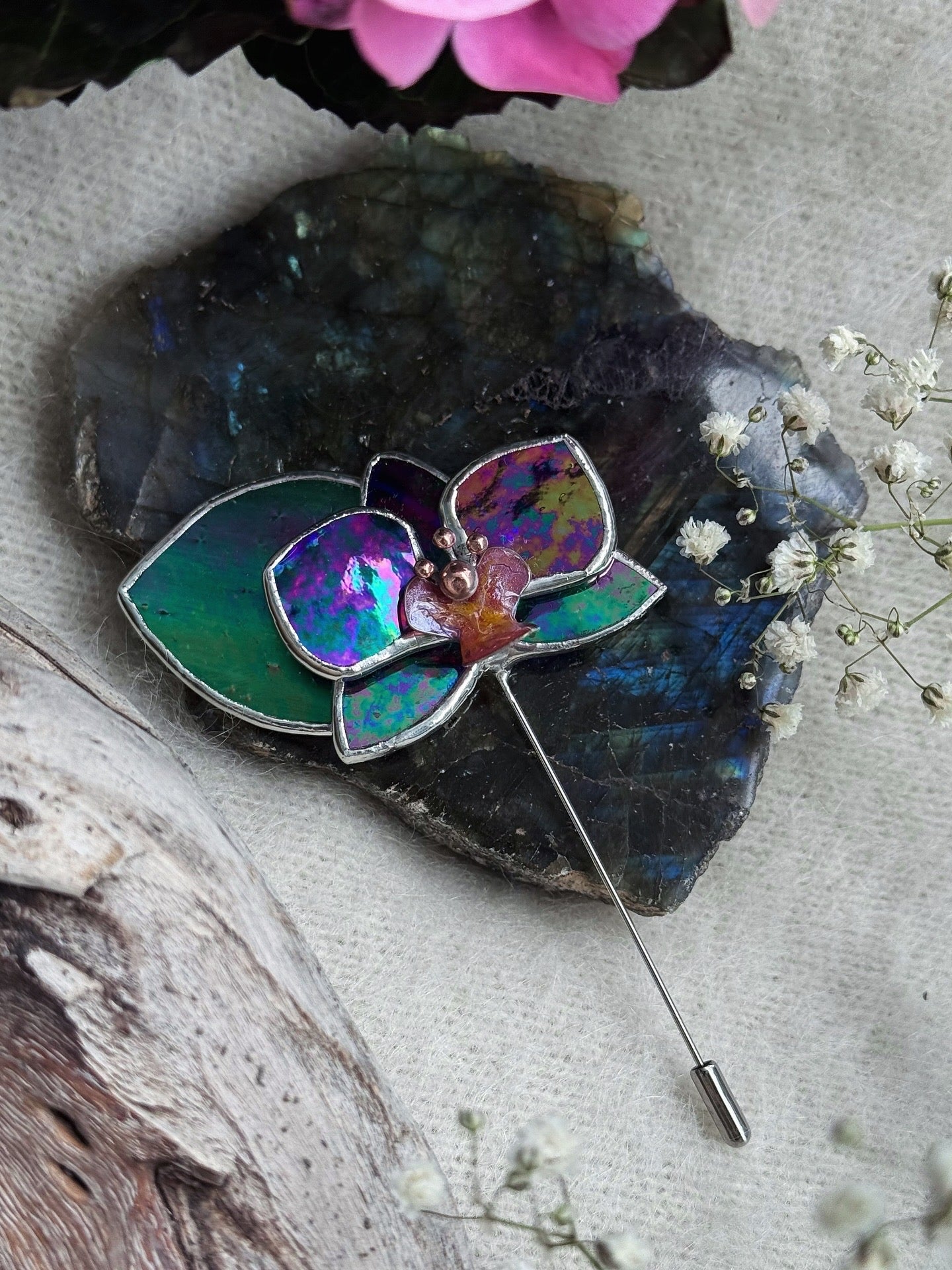 Orchid Brooch Statement Stained Glass Floral Pin, Modern Art Jewelry