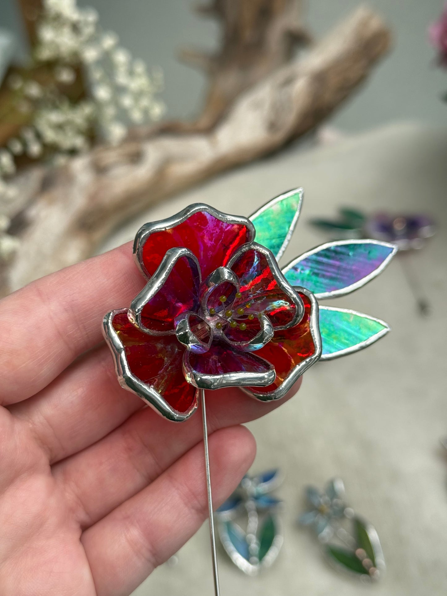 Red Rose Brooch Statement Stained Glass Floral Pin, Modern Art Jewelry