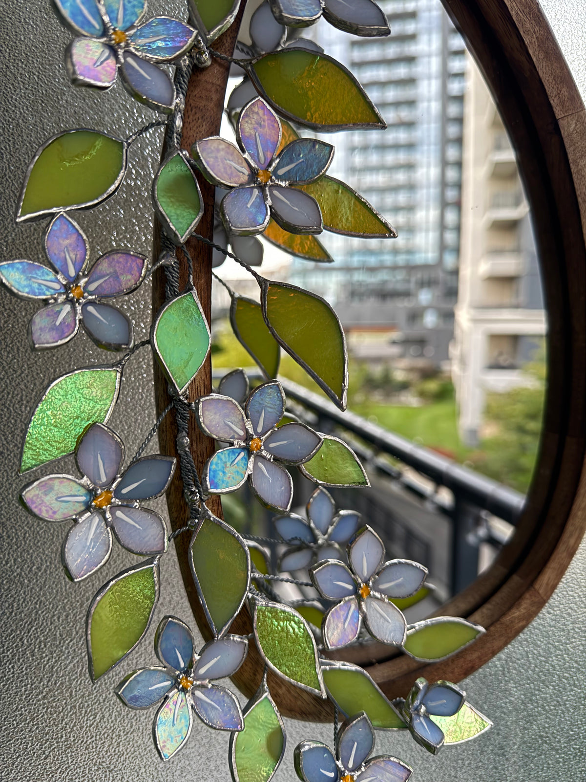 .Forget Me Not iridescent Stained glass Flower Mirror, 3D Botanical Floral Wall Art ready new