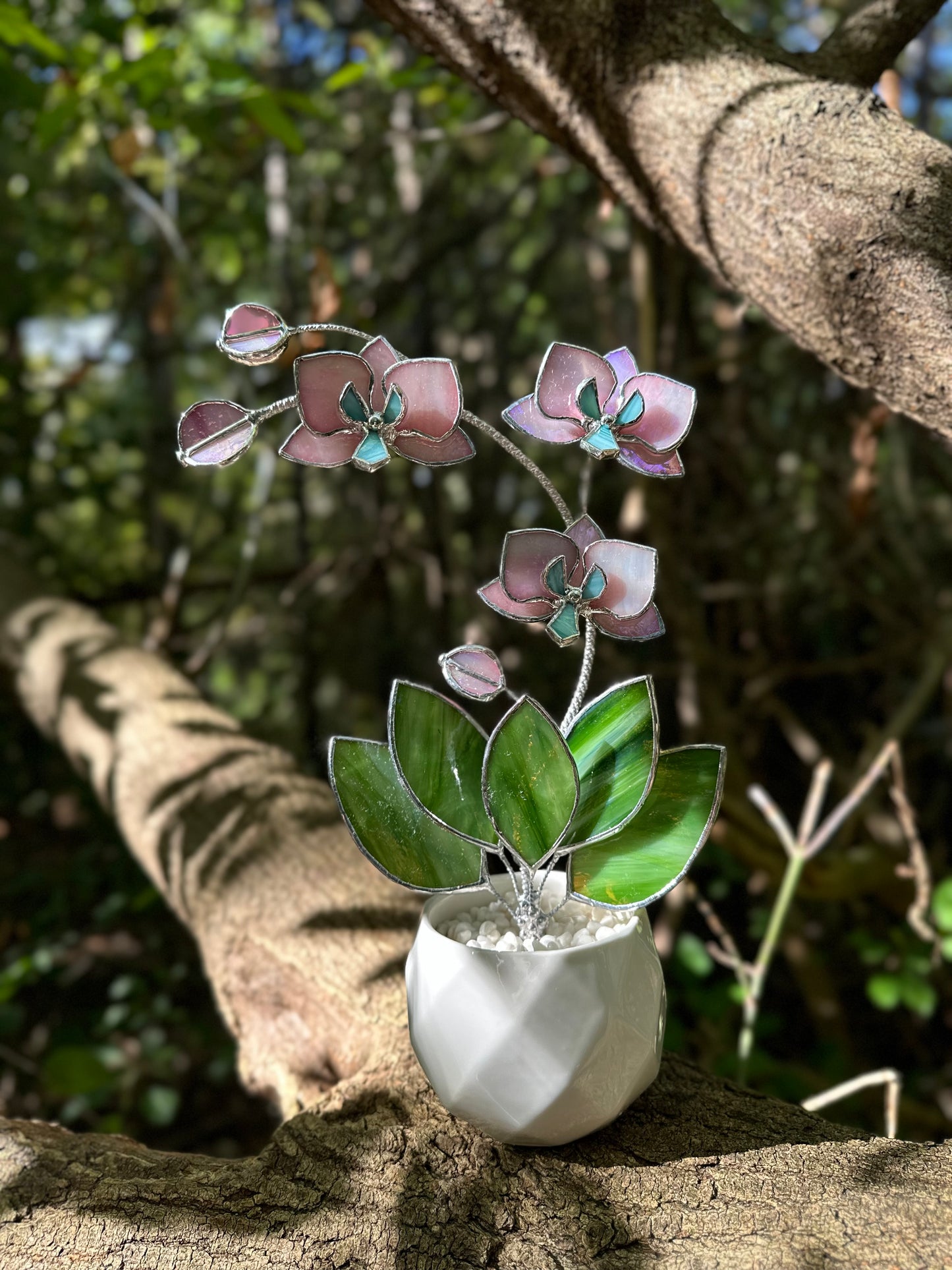 " . Candy Pink iridescent Orchid 3 flowers with pot” Stained glass tropical flower 3D, Sun catcher, Table plant, Garden stick, Outdoor and gardening decor