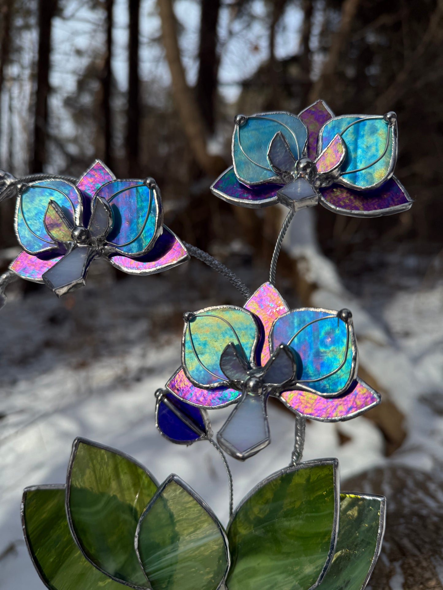 " . Amethyst iridescent and Blue iridescent Orchid 3 flowers with pot” Stained glass tropical flower 3D, Sun catcher, Table plant, Garden stick, Outdoor and gardening decor