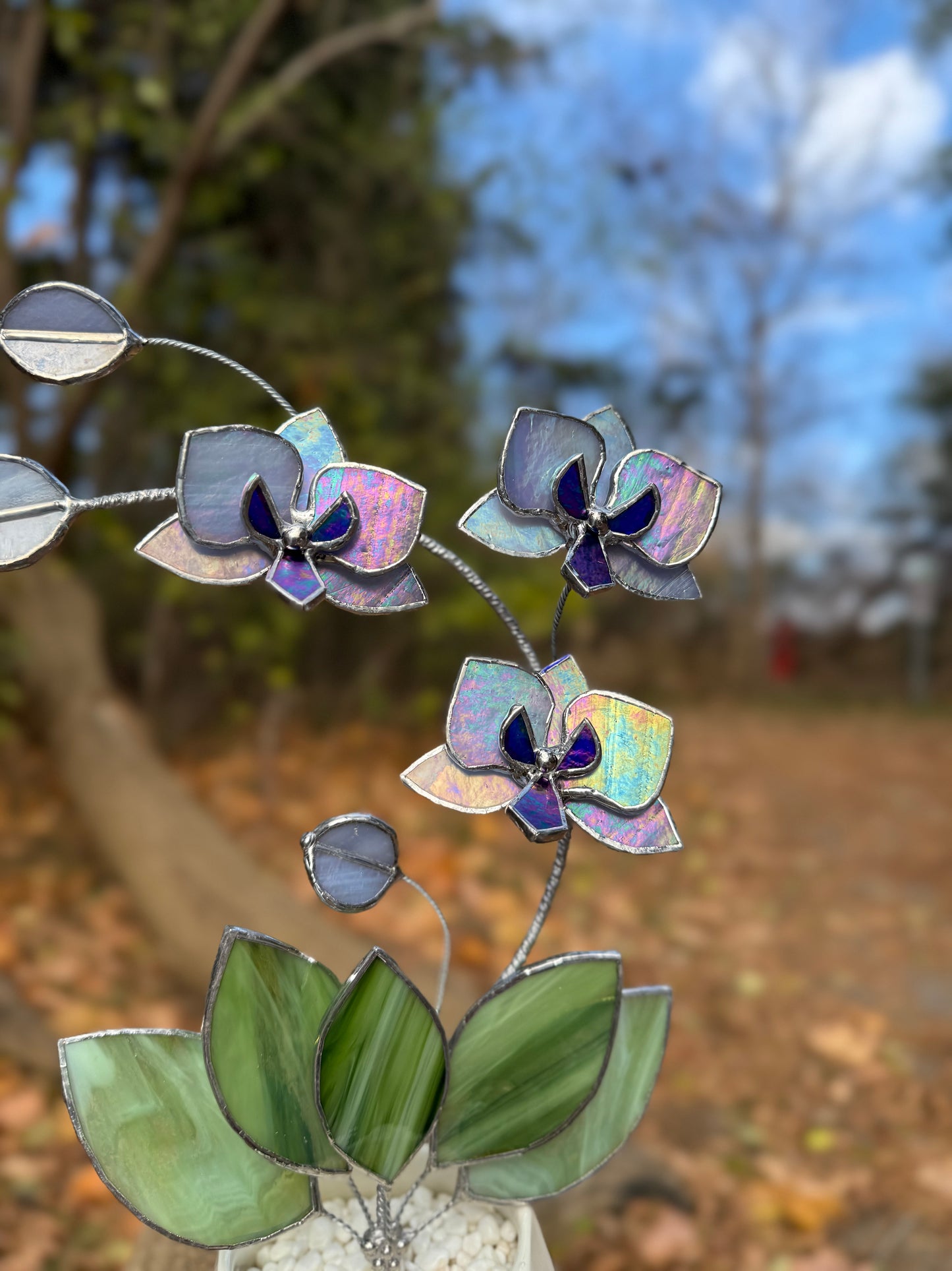 " . Lavender iridescent Orchid 3 flowers with pot” Stained glass tropical flower 3D, Sun catcher, Table plant, Garden stick, Outdoor and gardening decor