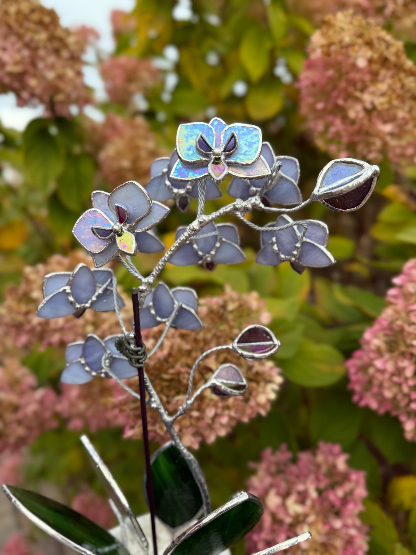 "  . Stained glass Orchid Lavender iridescent, double sided, 10 flowers with pot”, Stained glass tropical flower 3D, Suncatcher, Table plant decor
