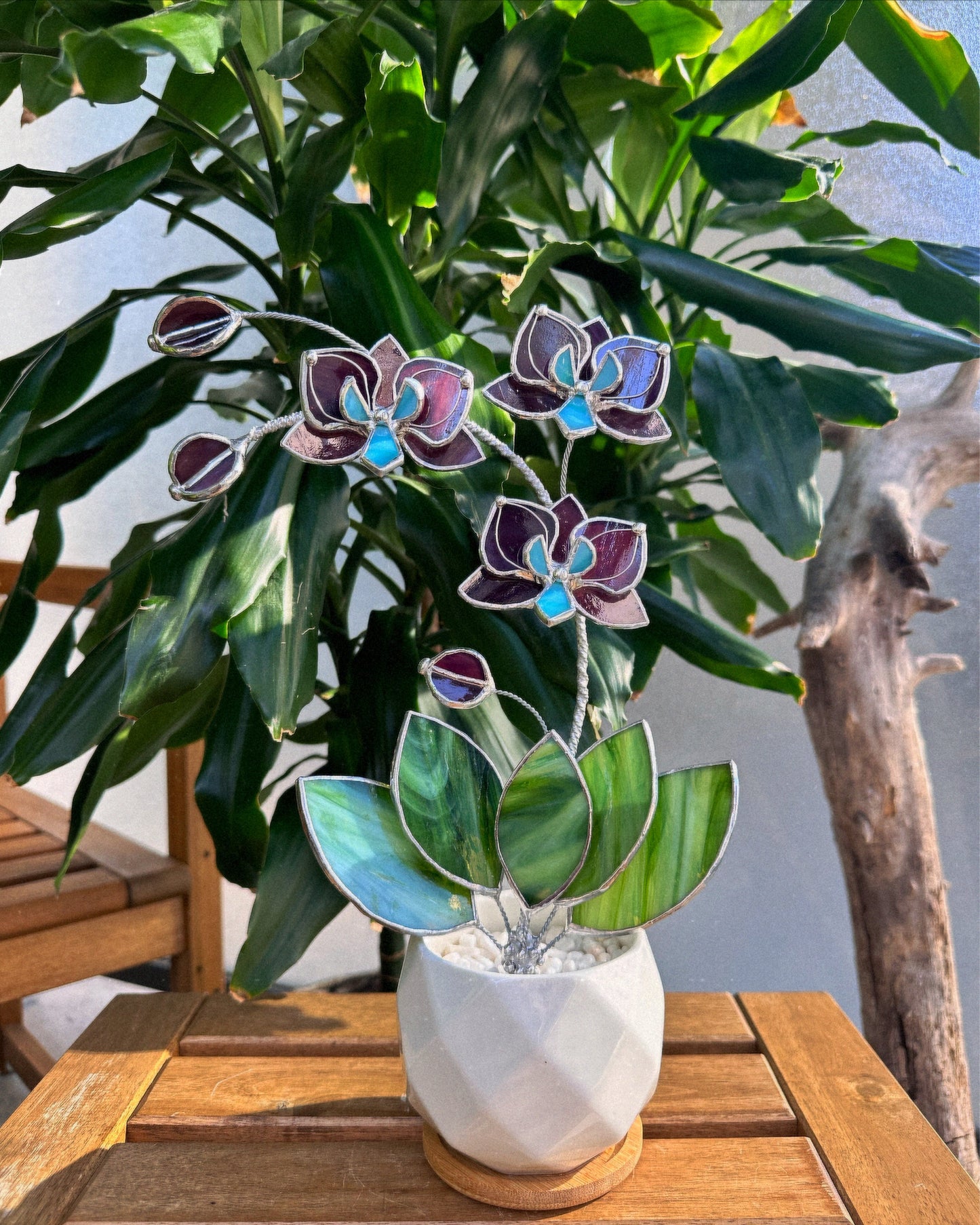 ". Reach Elderberry Orchid 3 flowers with pot” Stained glass tropical flower 3D, Sun catcher, Table plant decor, Garden stick, Outdoor and gardening decor