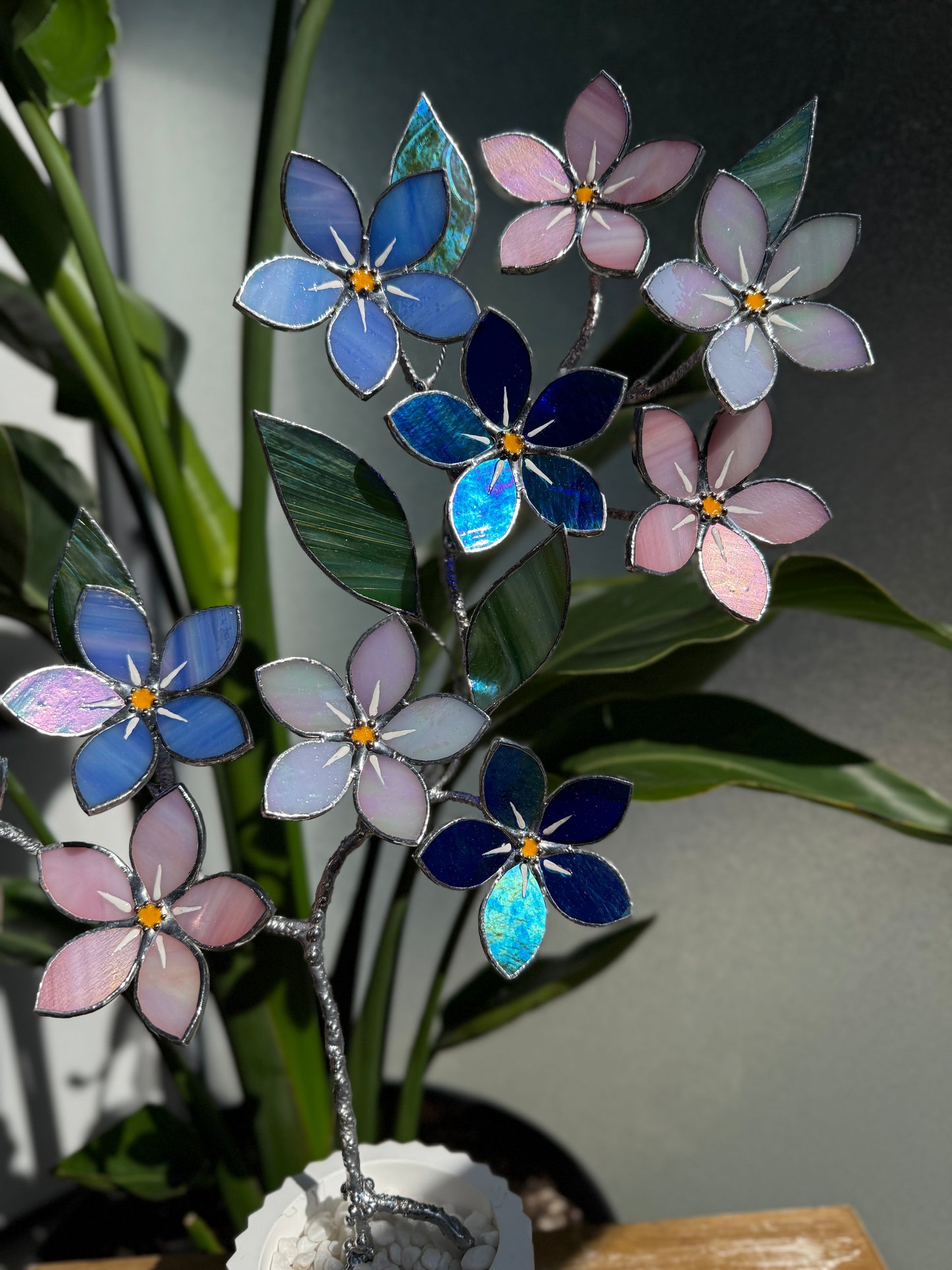 FORGET ME NOT Brunch 10 flowers in a pot, Stained glass Handcrafted Floral Home Decor