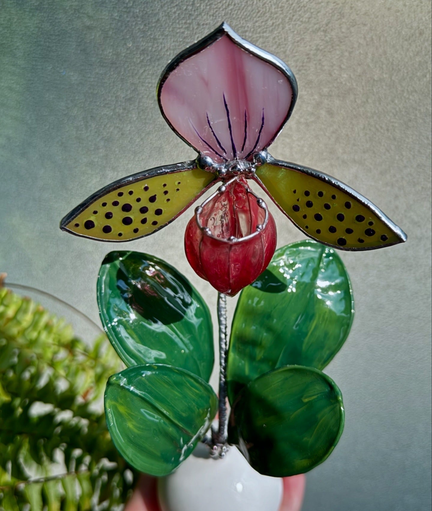 Lady’s Slipper Orchid, Handpainted Artificial Flower With Resin Leaves, Botanical Art Stained glass
