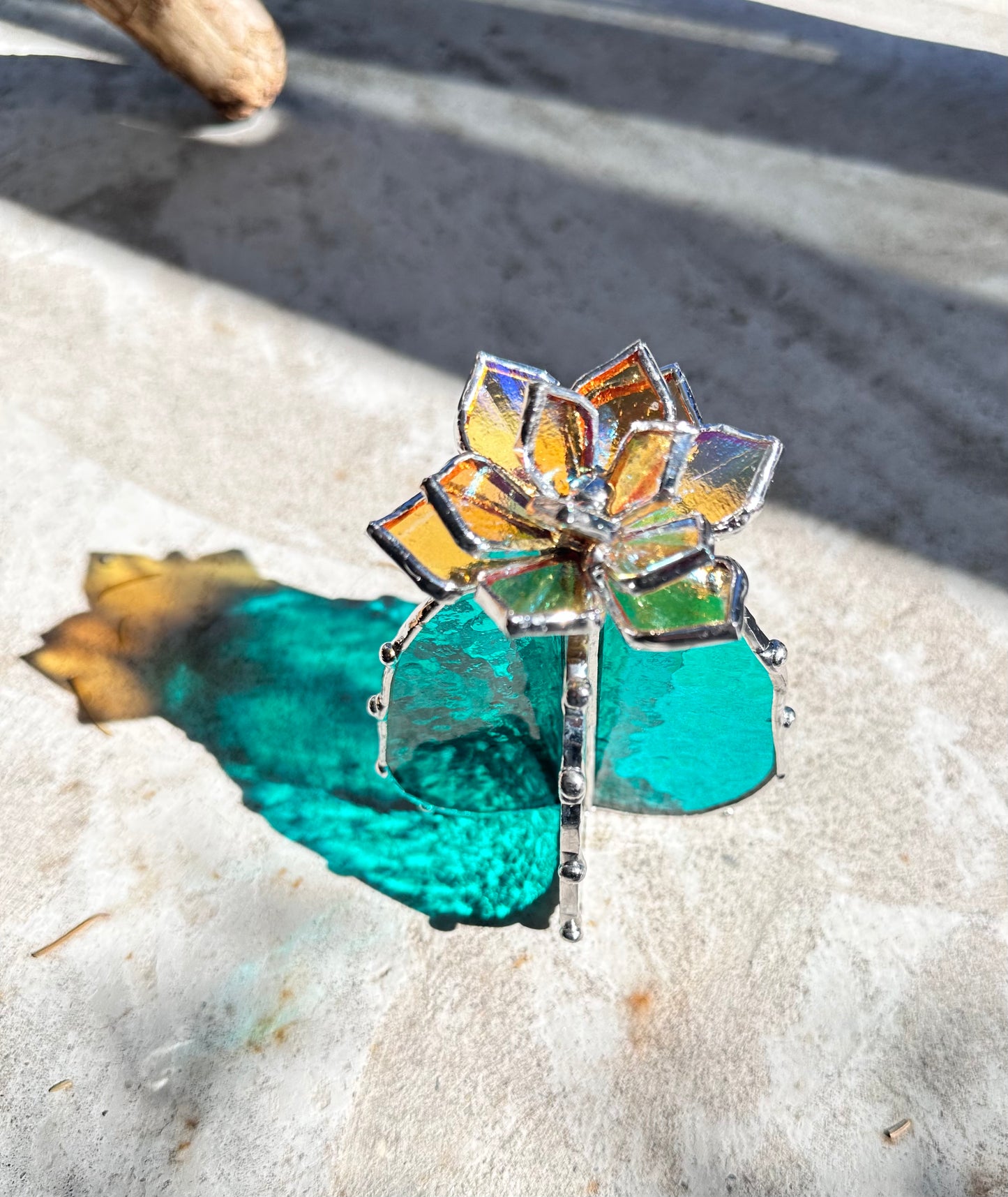 "Cactus turquoise  & yellow iridescent" Stained glass Succulent 3D design, house plant for flower pot, Sun catcher, glass art, wedding decor