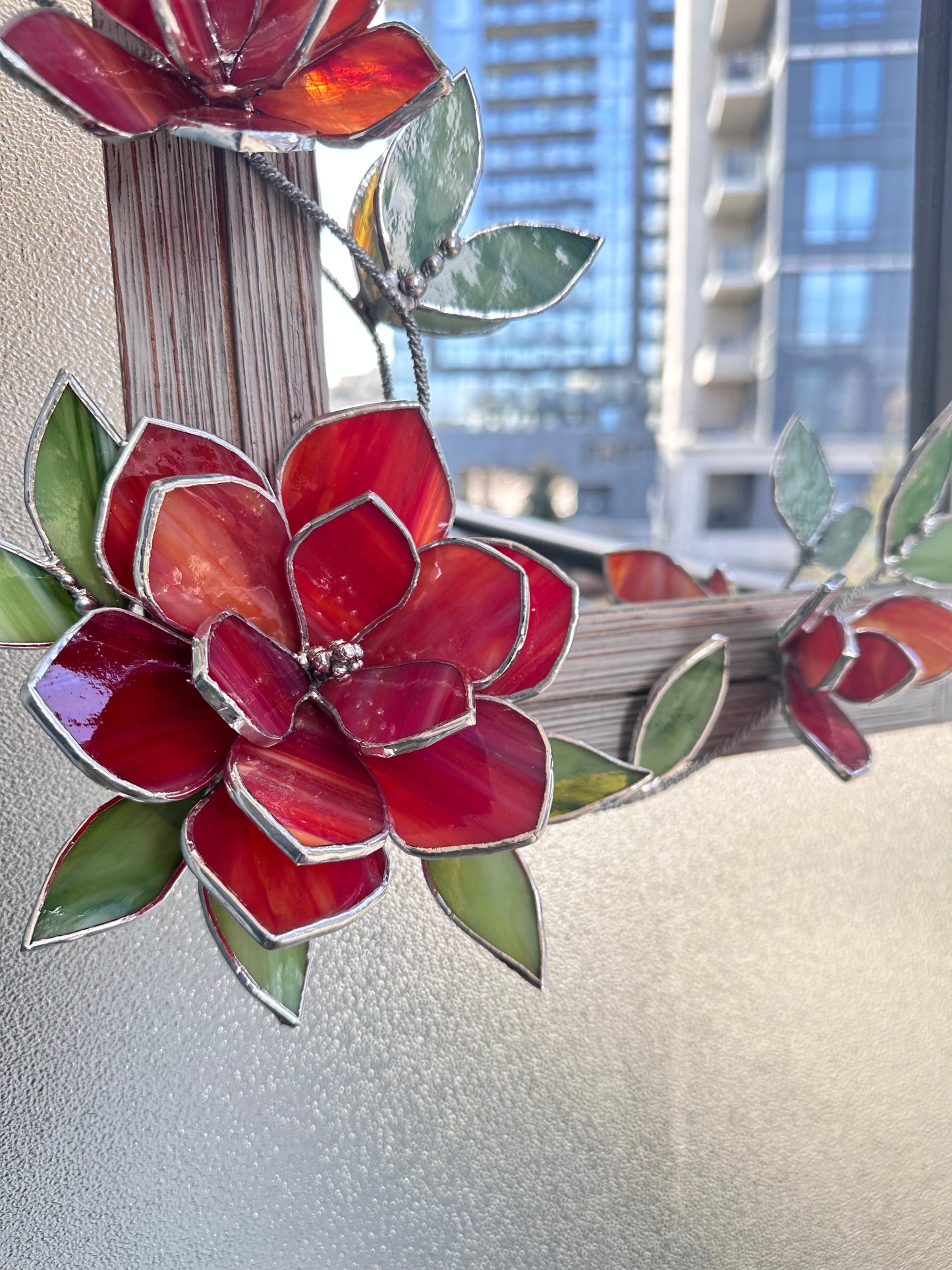 ".Stained glass flower Mirror Magnolia Red & Beige " Wedding Wall Decor, gift Everlasting flower, Suncatcher, Echeveria