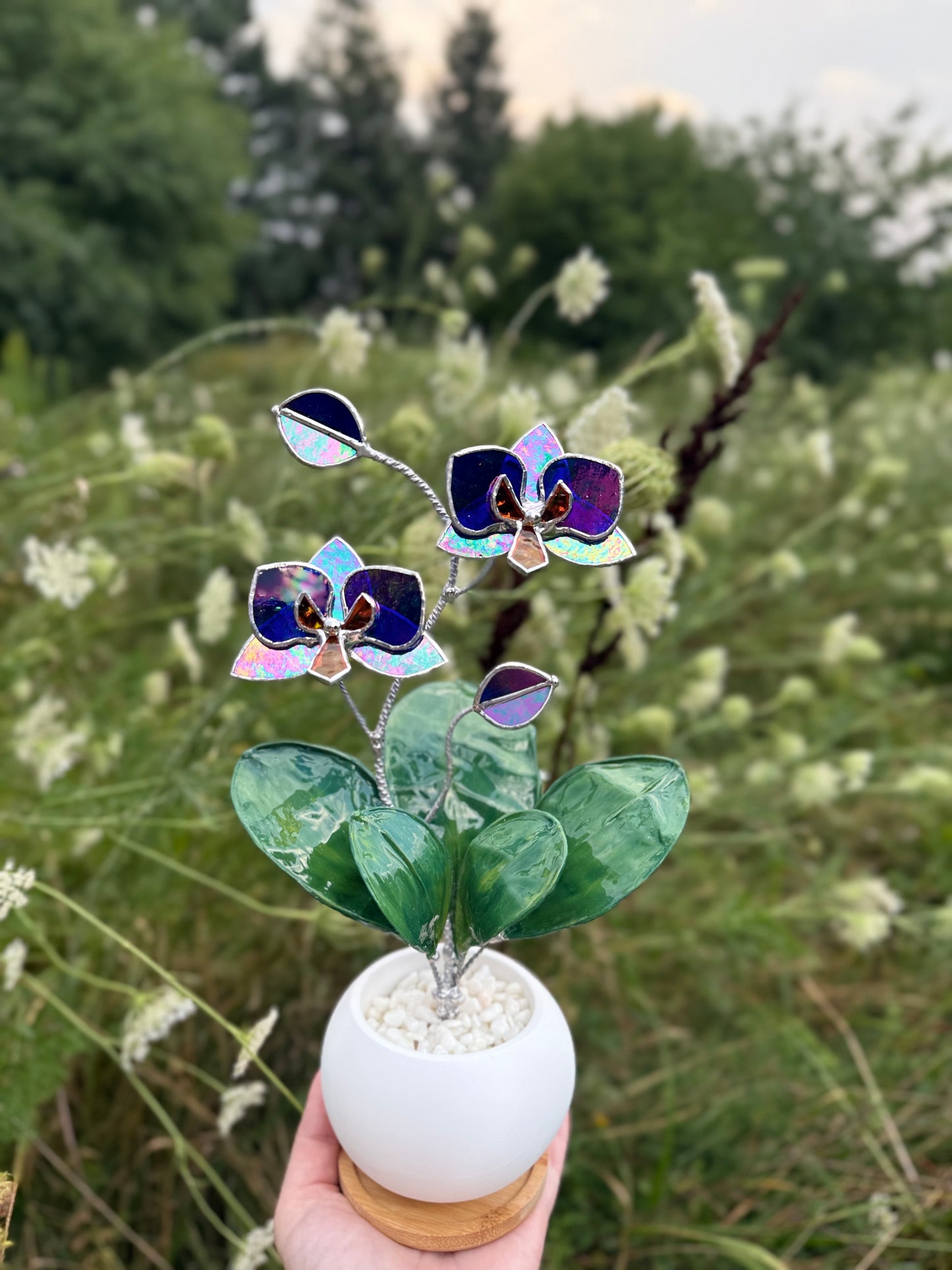 Orchid Indigo iridescent WITH RESIN Hand painted LEAVES Stained Glass 2 flowers in a Pot, Botanical Art Sculpture