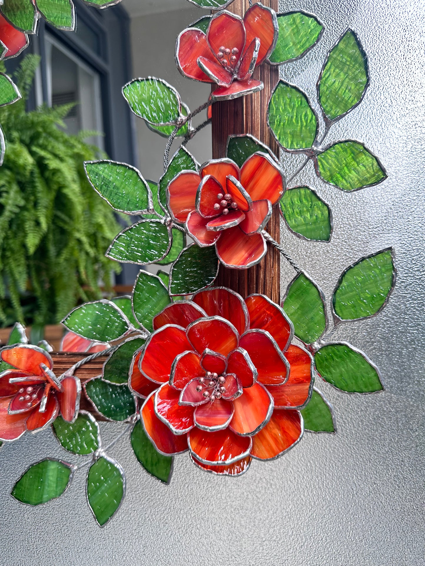 " . Flower Mirror Red Roses, Stained glass Wedding Wall Decor Christmas gift, Suncatcher