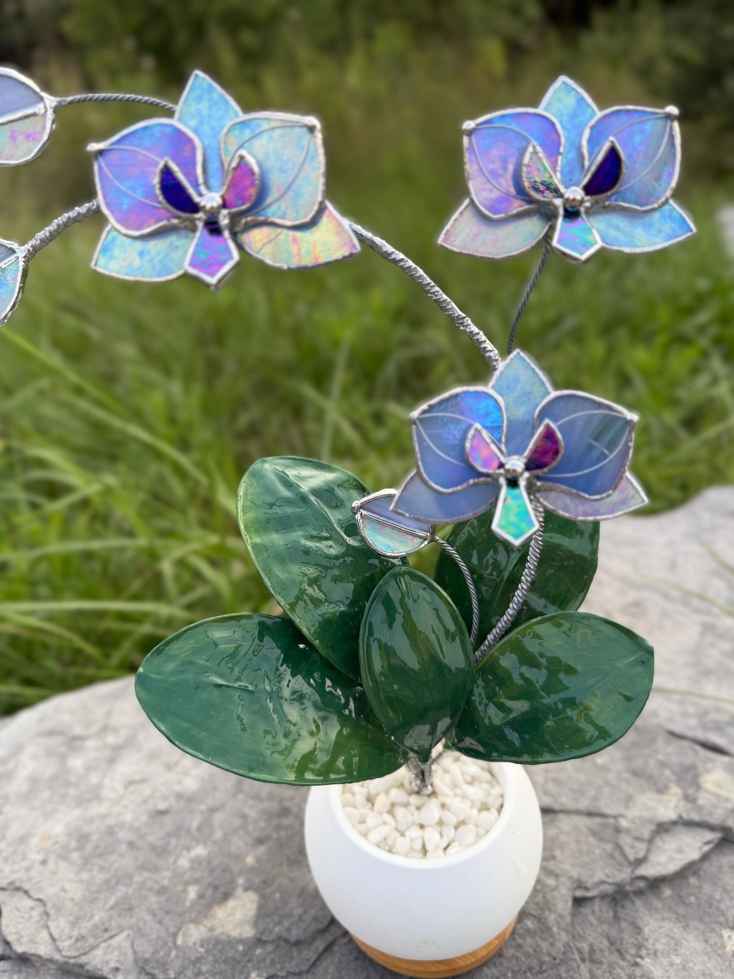 Orchid Lavender Blue Stained Glass WITH Hand Painted RESIN LEAVES, 3 Flowers, Botanical Table Decor