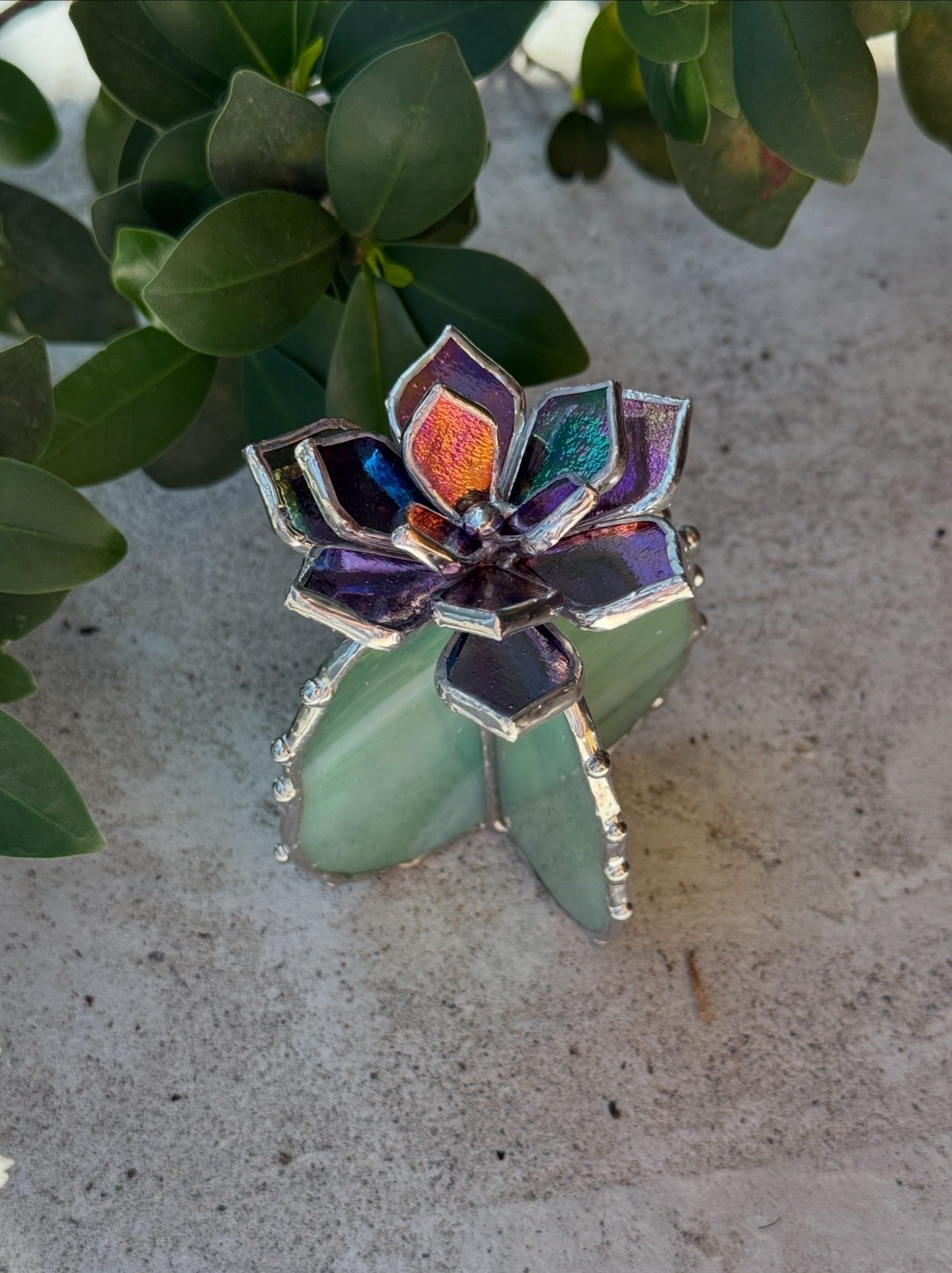 "Cactus Purple transparent irid & green irid" Stained glass Succulent 3D design, house plant for flower pot, Sun catcher