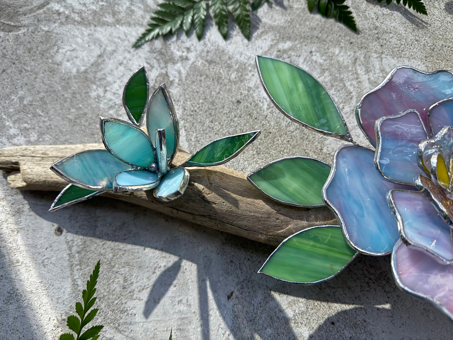 .Peonies Stained Glass Driftwood Wall Decor Suncatcher