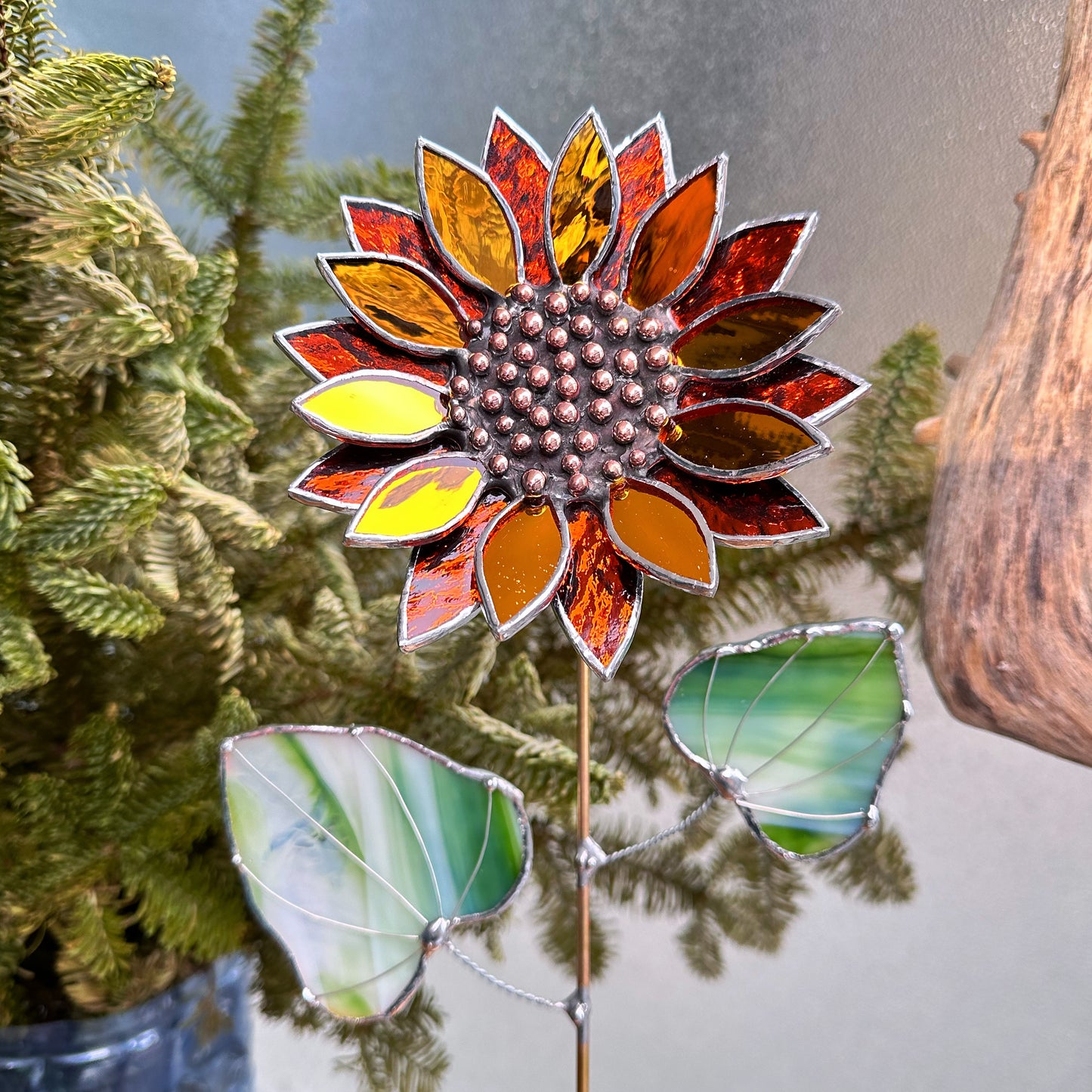 ".Golden Sparcling Sunflower" Stained glass tropical flower 3D, Sun catcher, Table plant decor, Garden stake, wedding decor, Christmas gift