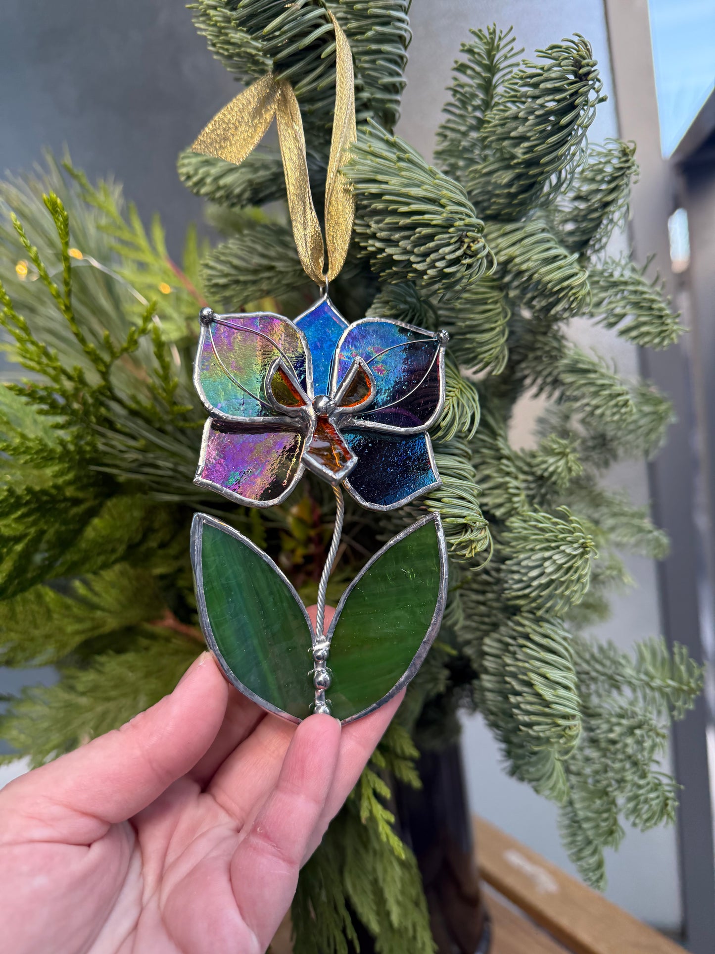 " . Butterfly Orchid flower with leaves Plum transparent irid, Stained glass Decorative ORNAMENT, Christmas decoration, Suncatcher