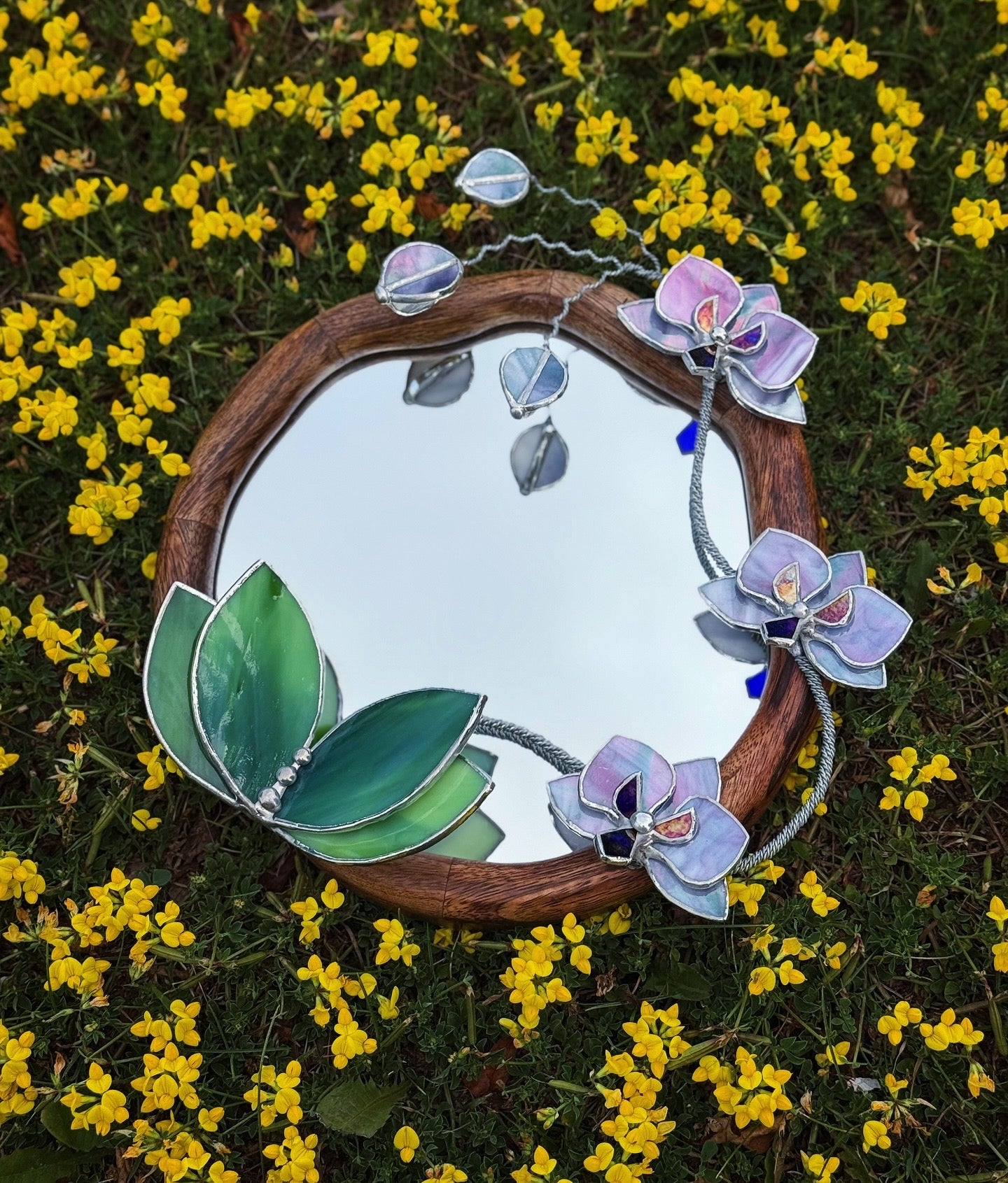 " . Amethyst & Lilac luminescent Orchid Mirror”, Stained glass flower Wall decor, Suncatcher, Home wedding Decor, Christmas gift available new