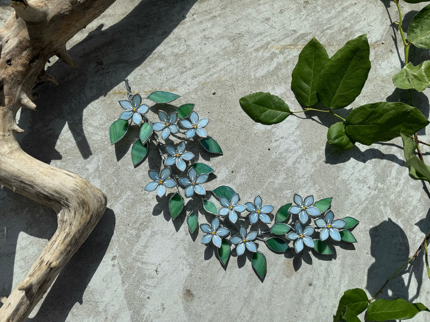 .Forget me Not Flower Branch Stained Glass Wall Decor, Glass Suncatcher Wall Decor ready