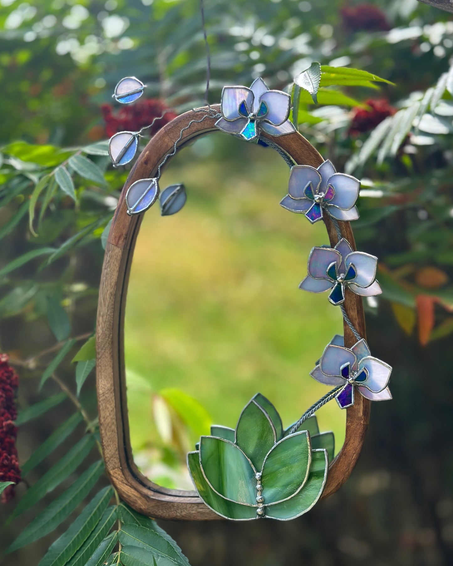 " . Lavender iridescent Orchid Mirror”, Stained glass flower Wall decor, Suncatcher, Home wedding Decor, Christmas gift, available