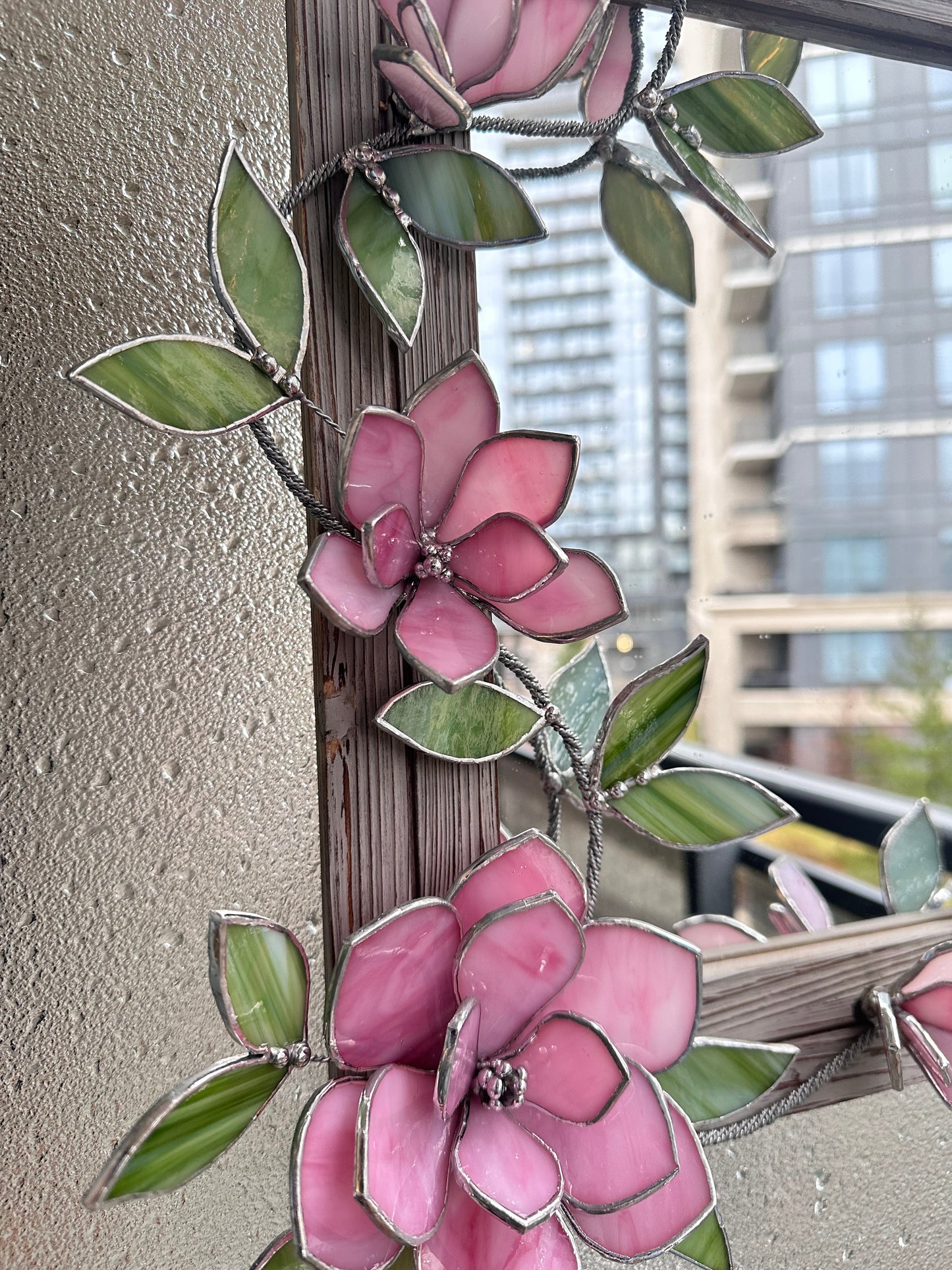 " . Flower Mirror Pink Magnolia, Stained glass Wedding Wall Decor Christmas gift, Suncatcher