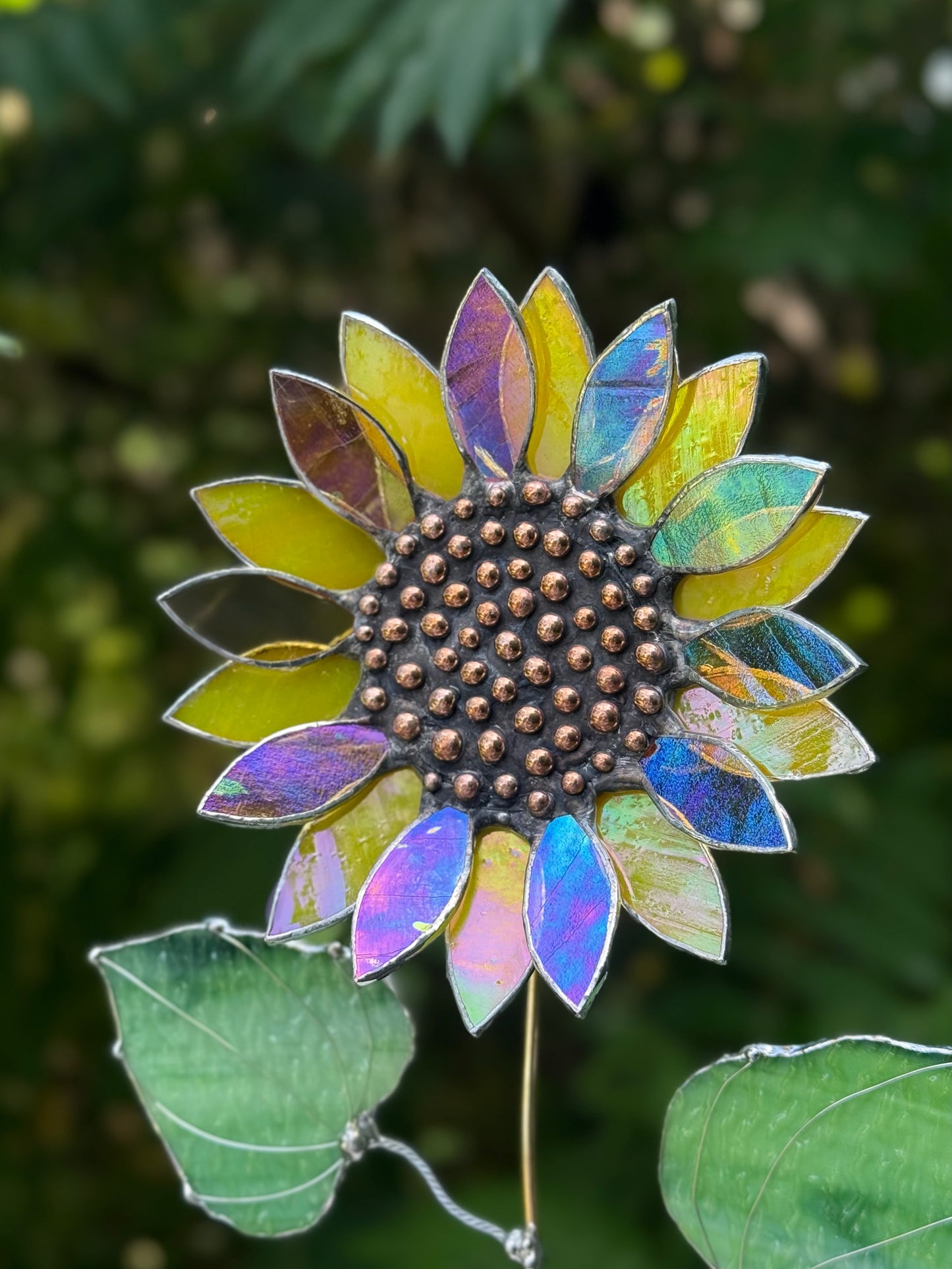 .Lemon Yellow & Amber Irid Sunflower Artisan 3D Stained Glass Suncatcher, Table Decor