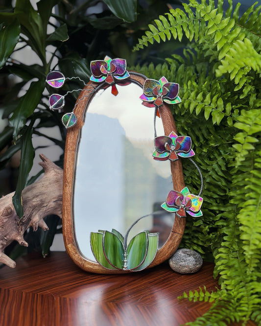 " . Mauve iridescent Orchid Mirror”, Stained glass flower Wall decor, Suncatcher, Home wedding Decor, Christmas gift, available