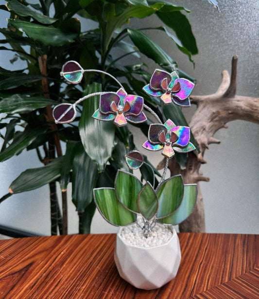 " . Mauve iridescent Orchid 3 flowers with pot” Stained glass tropical flower 3D, Sun catcher, Table plant, Garden stick, Outdoor and gardening decor