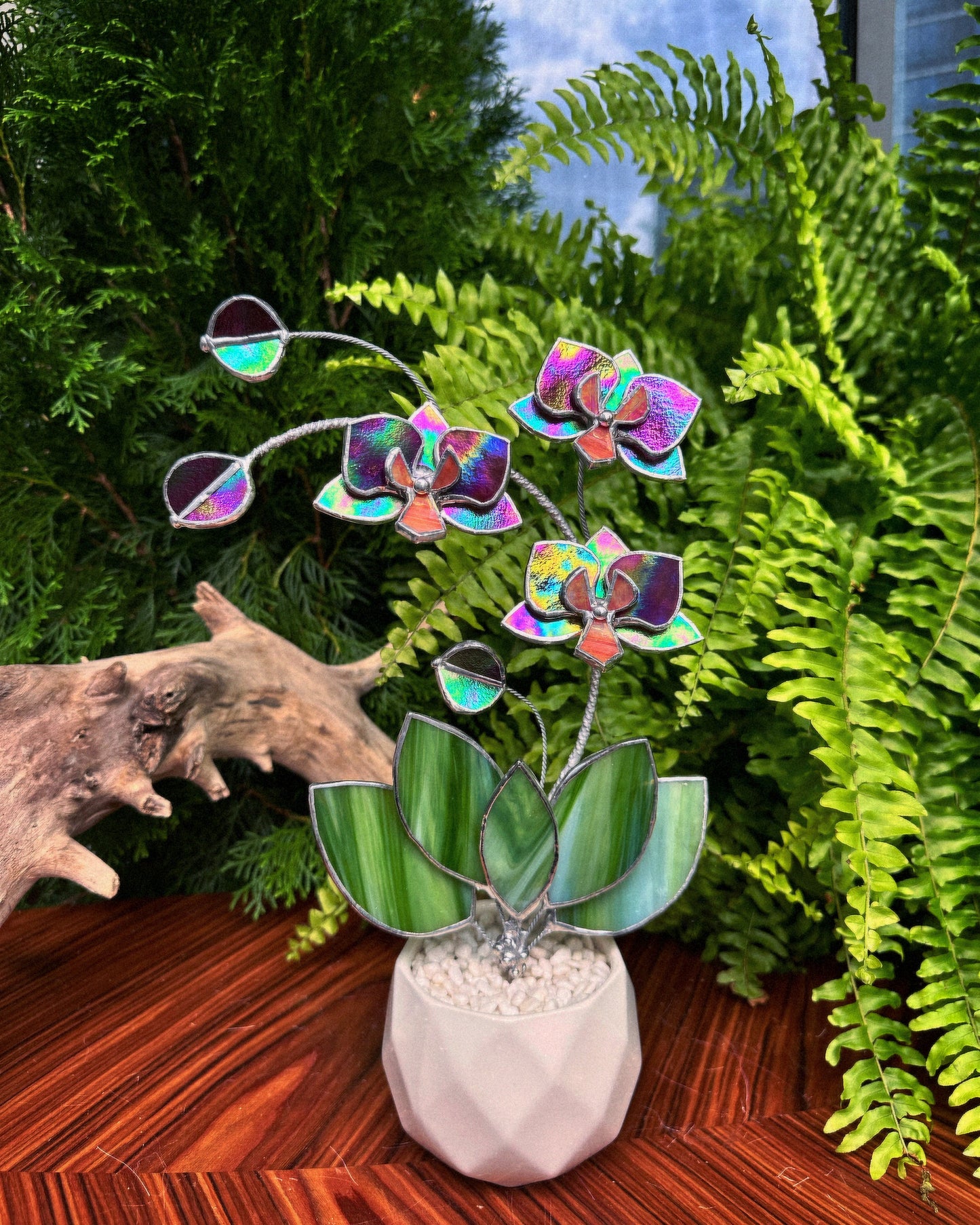 " . Mauve iridescent Orchid 3 flowers with pot” Stained glass tropical flower 3D, Sun catcher, Table plant, Garden stick, Outdoor and gardening decor