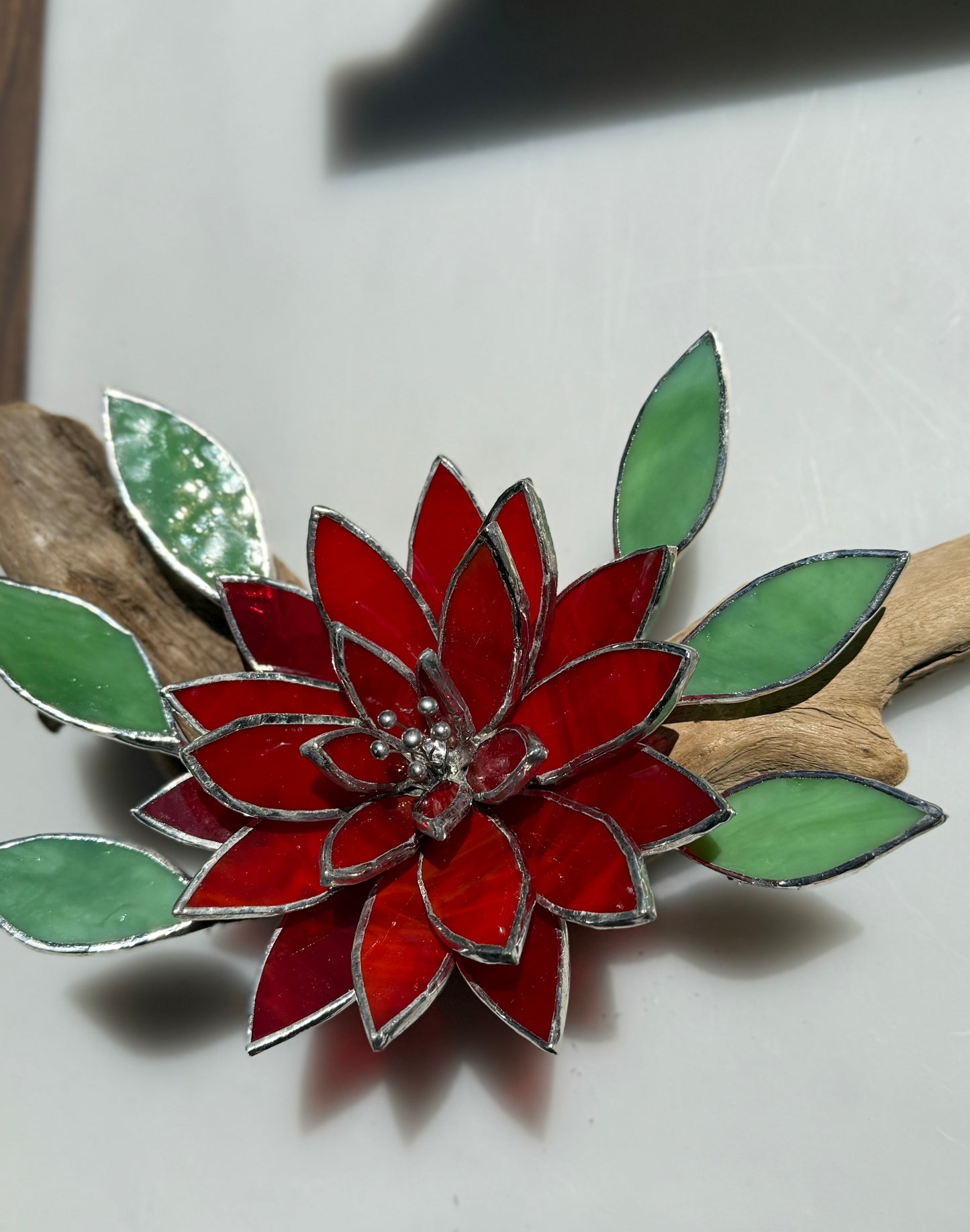 .Fire Flower Stained Glass Driftwood Wall Decor Suncatcher