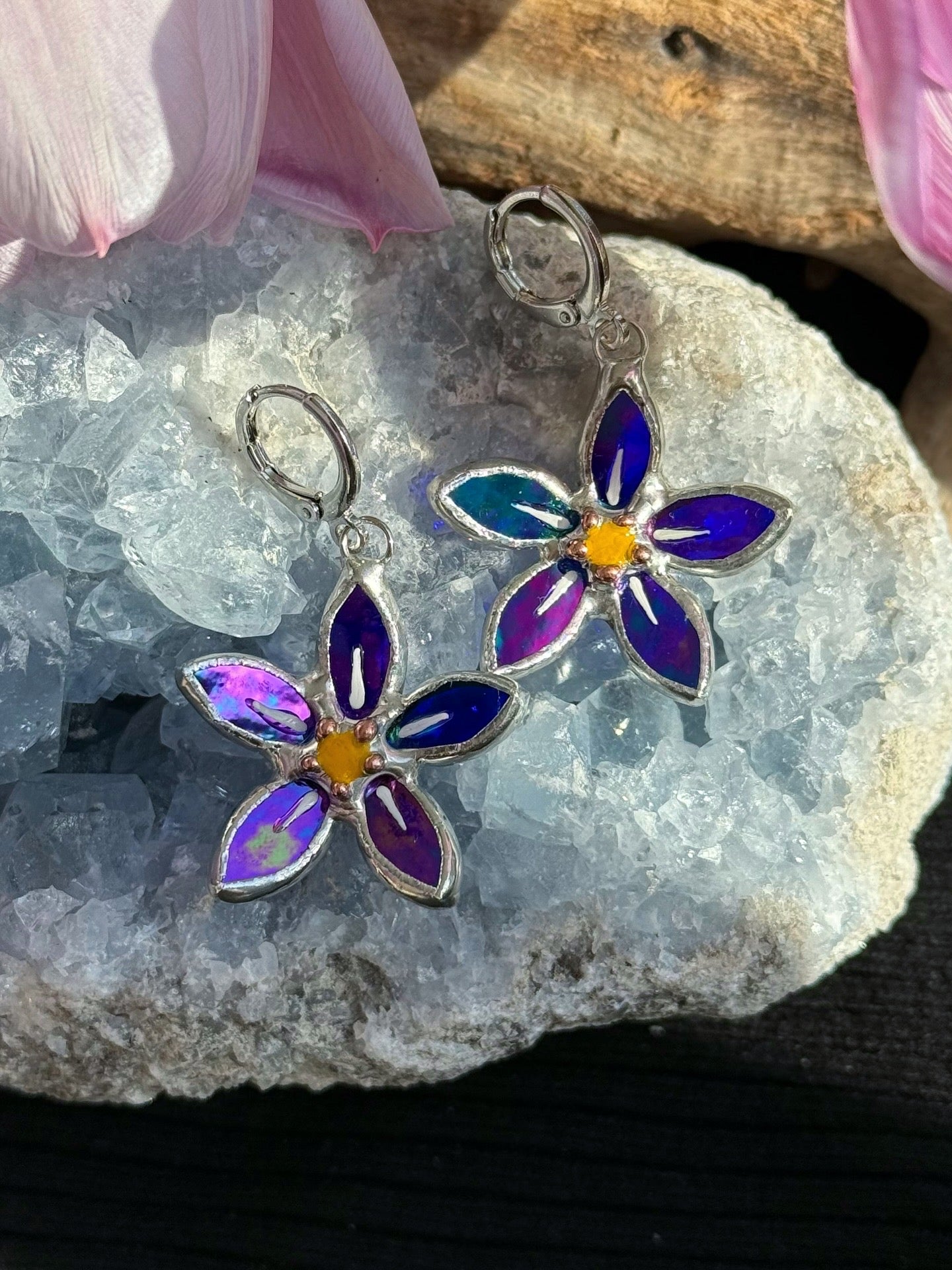 .Forget Me Not Earrings Indigo Luminescent Handcrafted Stained glass Botanical Art Jewelry