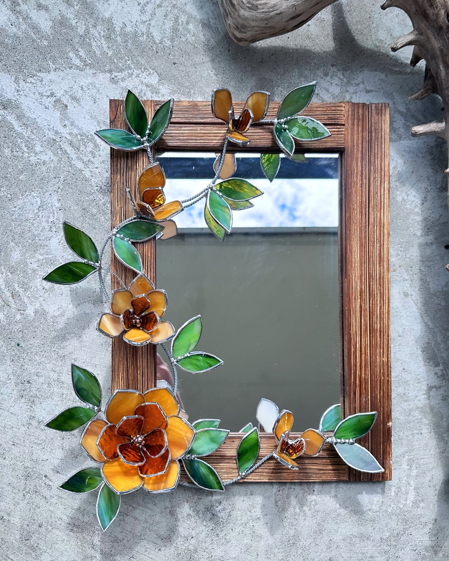 " . Amber Magnolia Flower Mirror, Stained glass Wedding Wall Decor, Christmas gift, Suncatcher