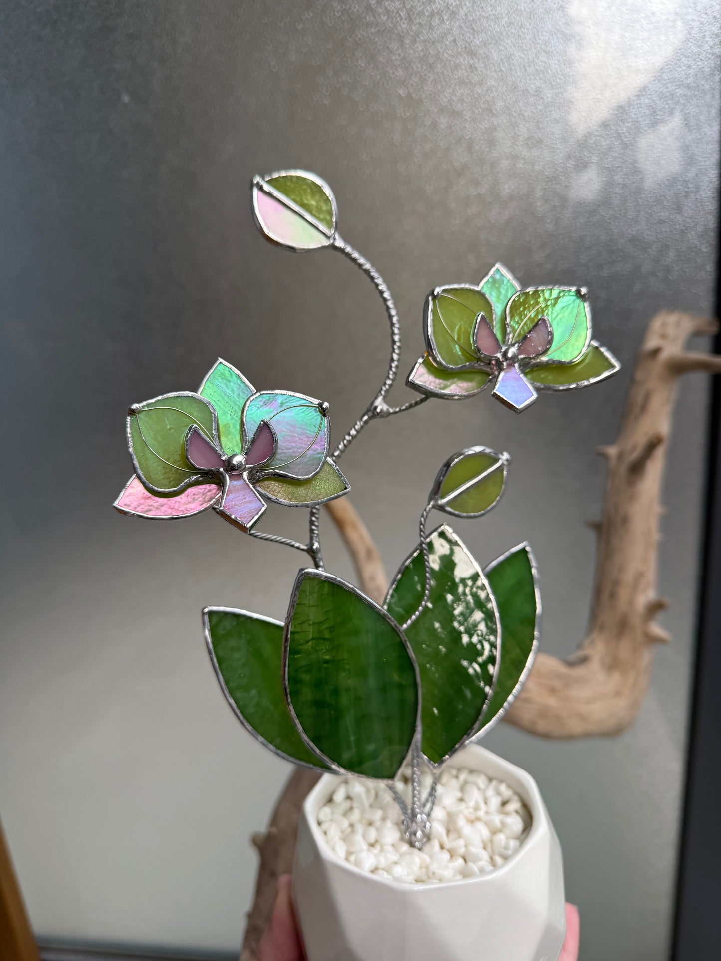 " .  Bright green iridescent Orchid, 2 flowers with pot” Stained glass tropical flower 3D, Suncatcher, Table plant decor