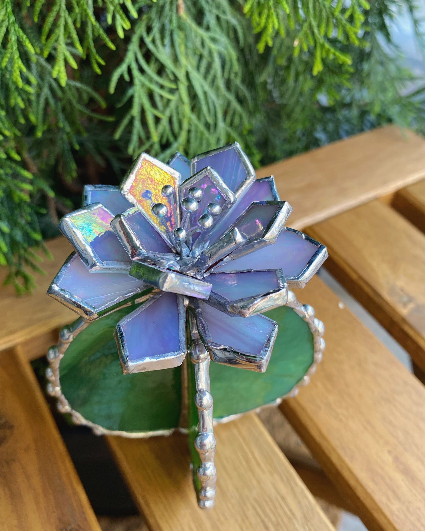 "Cactus blooming Purple Iridescent XL", Stained glass Succulent 3D, Echeveria, everlasting plant for flower pot