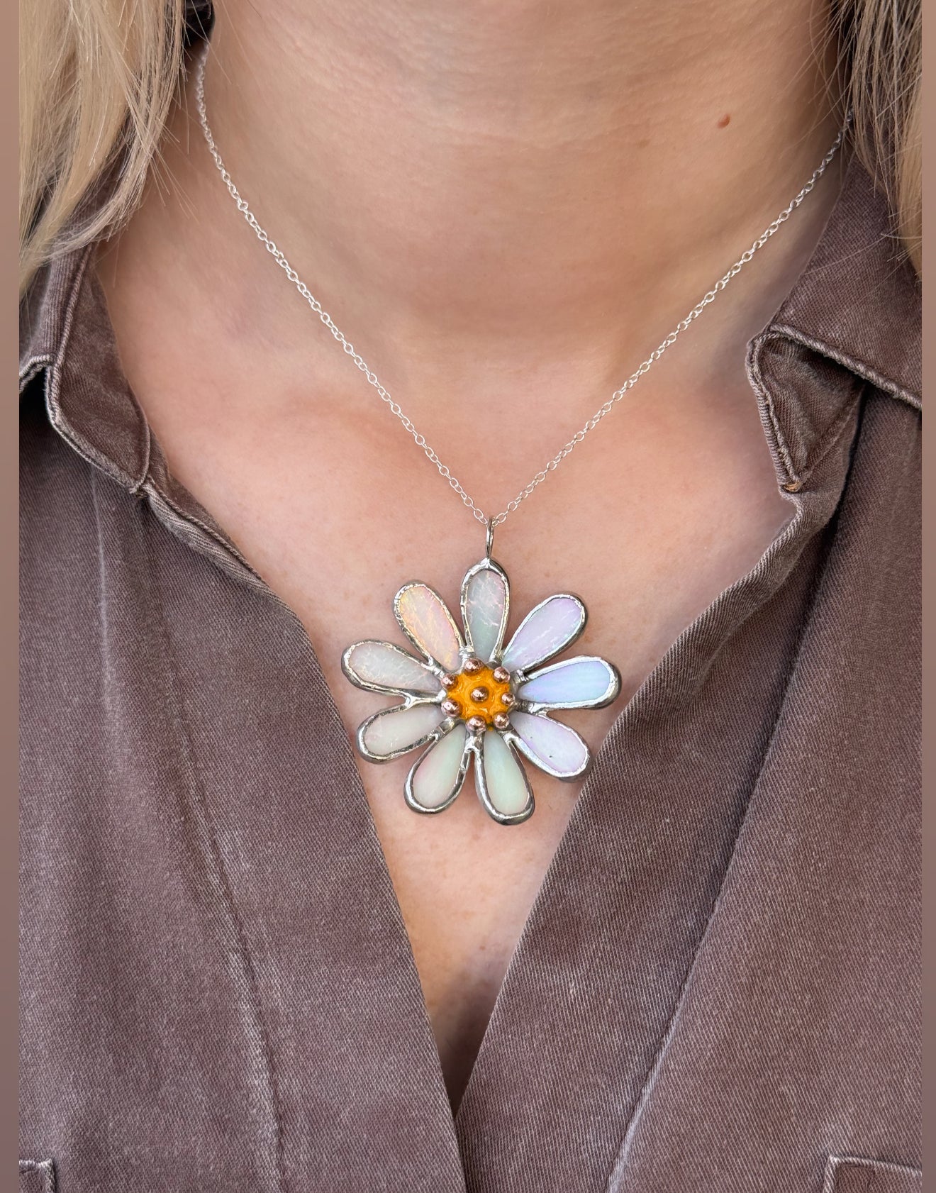 Daisy White Pearl Iridescent L S sizes, Stained Glass Necklace or Brooch, Handmade Botanical Jewelry