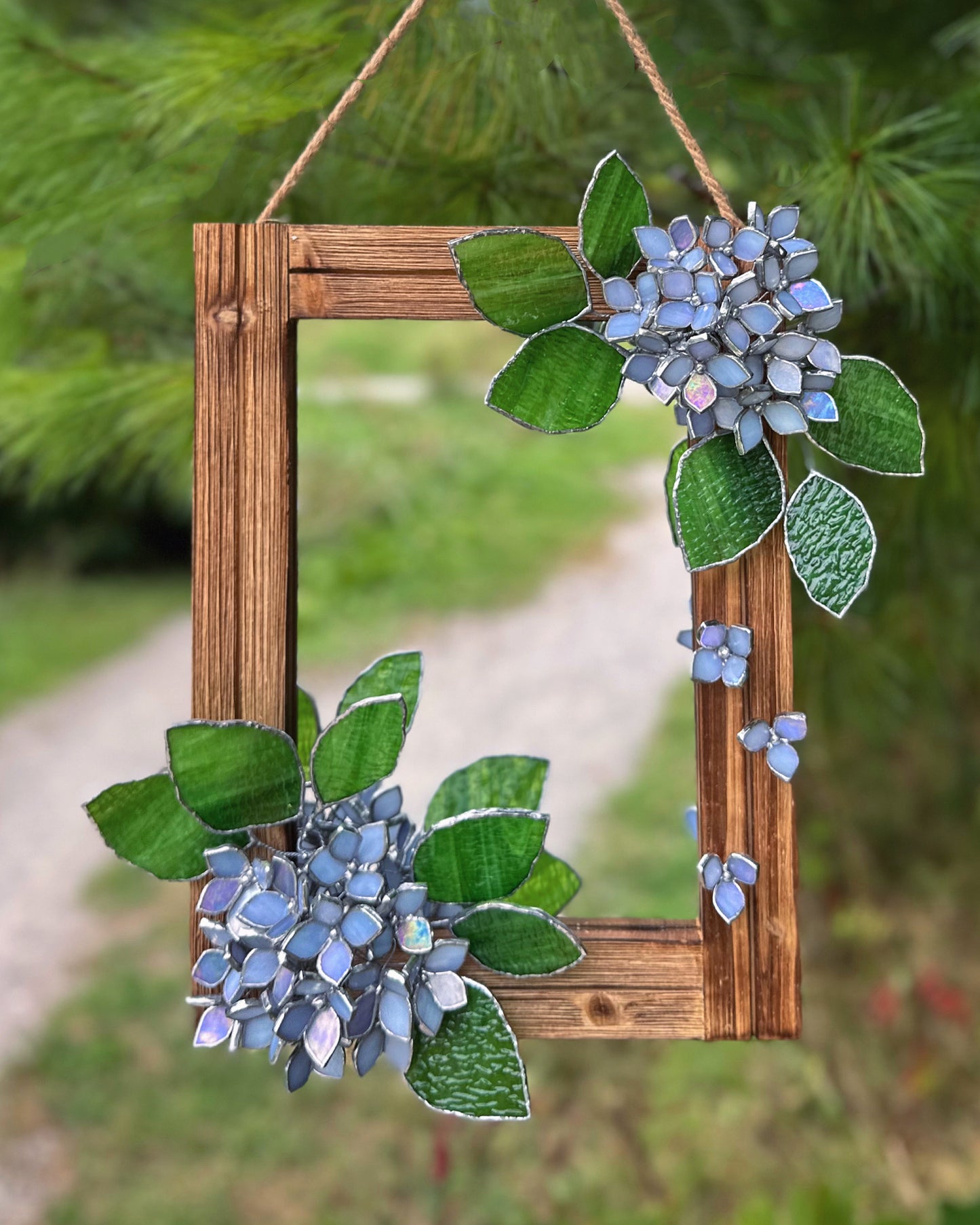 " . Blue lavender iridescent Hydrangea Flower Mirror, Stained glass Wedding Wall Decor, Christmas gift, Suncatcher