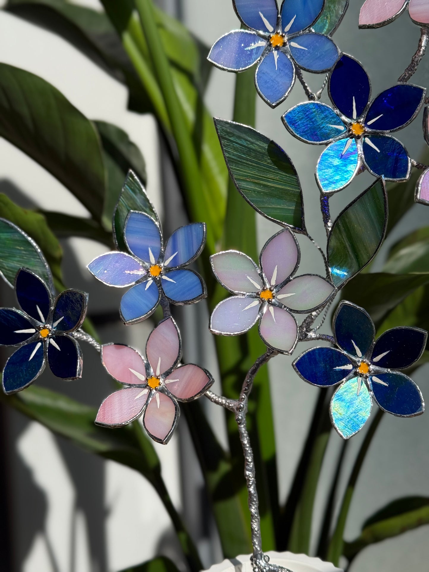 FORGET ME NOT Brunch 10 flowers in a pot, Stained glass Handcrafted Floral Home Decor