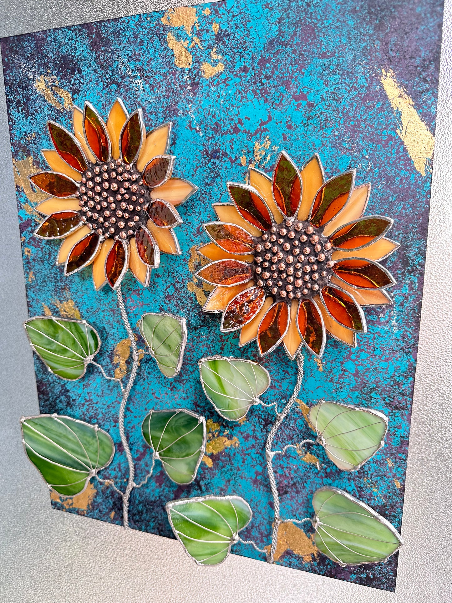 ".Acrylic painting with stained glass 3D flowers  Midnight Sunflowers" wall decor Art, Wedding, Christmas, gift  Succulents