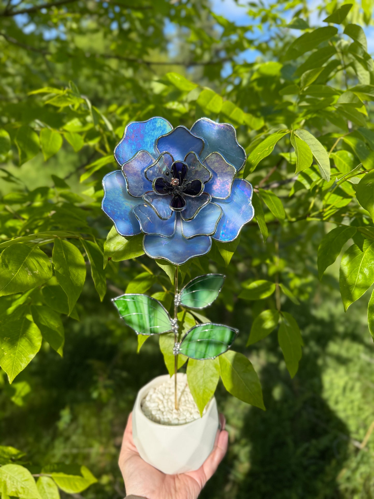 " . Blue lavender Peony Iridescent" Stained glass tropical flower 3D, Sun catcher, Table plant, Garden stake, wedding decor, Christmas gift, available new