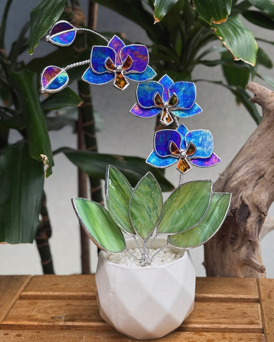 " . Indigo iridescent Orchid 3 flowers with pot 2025” Stained glass tropical flower 3D, Sun catcher, Table plant, Garden stick, Outdoor and gardening decor
