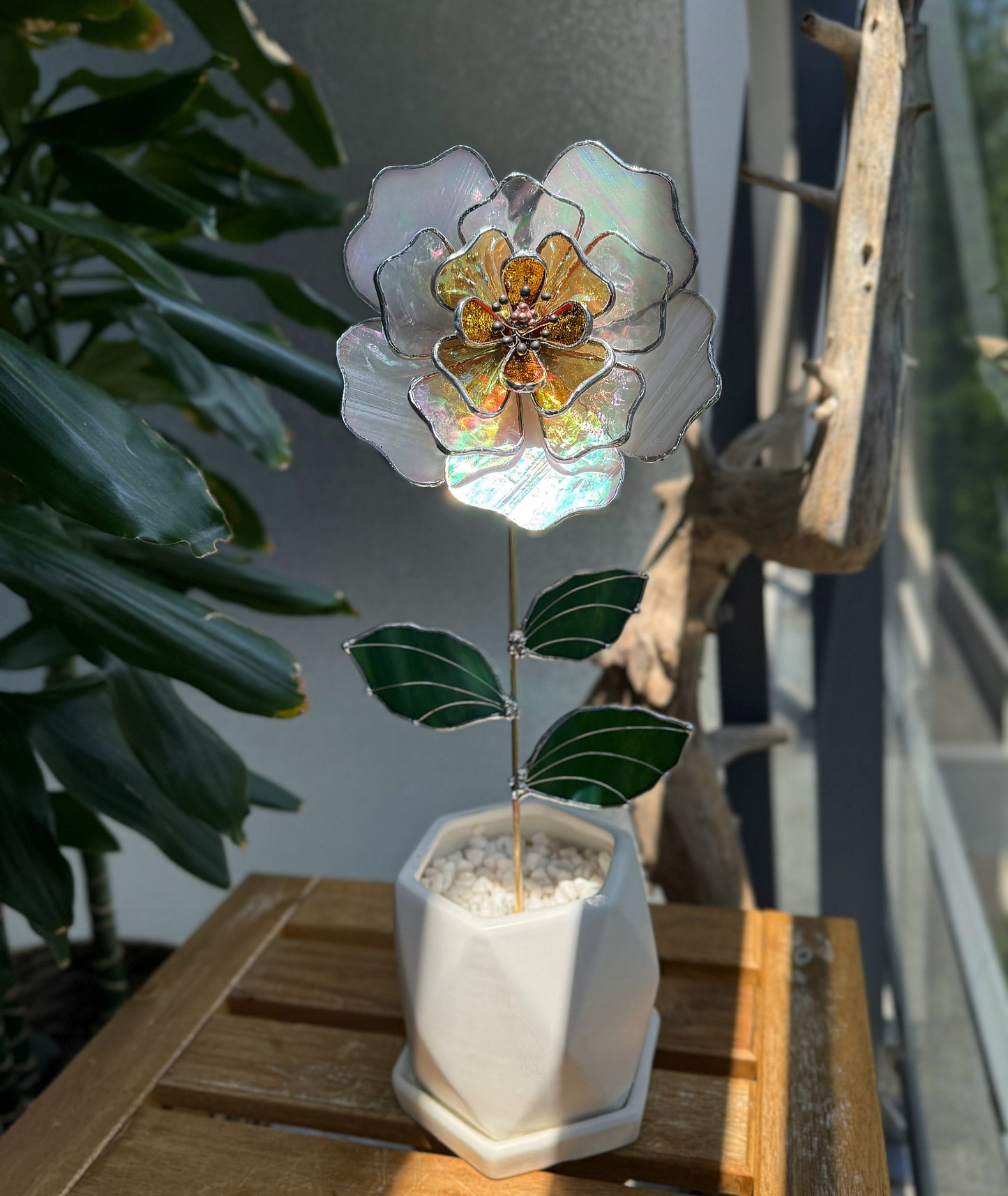 " . Beautiful Peony White & yellow iridescent Stained glass flower, tropical 3D Sun catcher, Table plant decor, wedding gift, available new