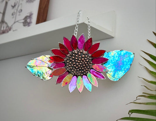 "  . Sunflower Red iridescent", stained glass wall decor, tropical flower 3D, Sun catcher, Plant decor