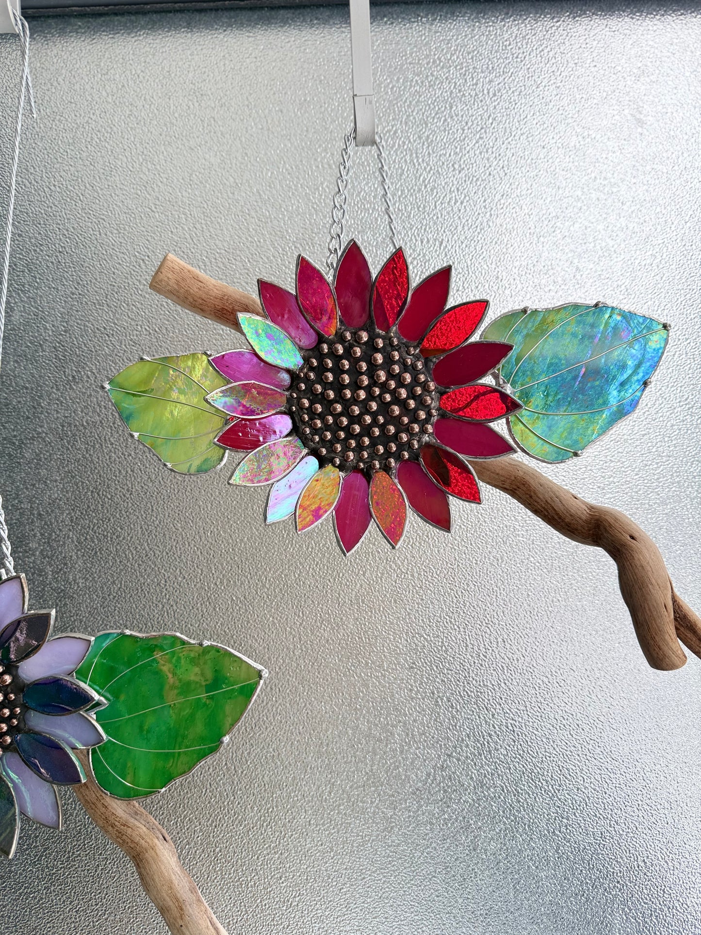 "  . Sunflower Red iridescent", stained glass wall decor, tropical flower 3D, Sun catcher, Plant decor