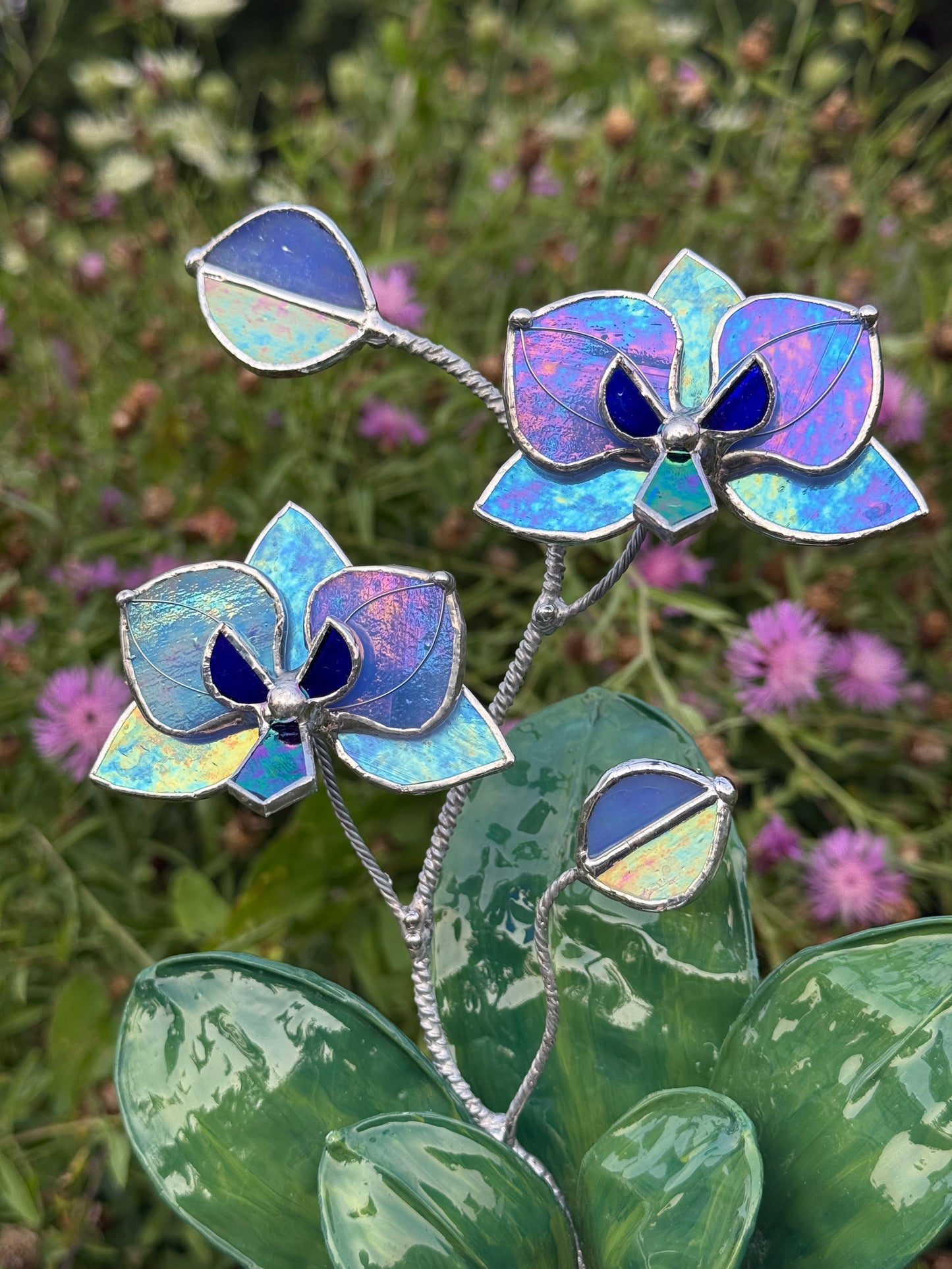 Orchid Blue lavender WITH RESIN Hand painted LEAVES Stained Glass 2 flowers in a Pot, Botanical Art Sculpture