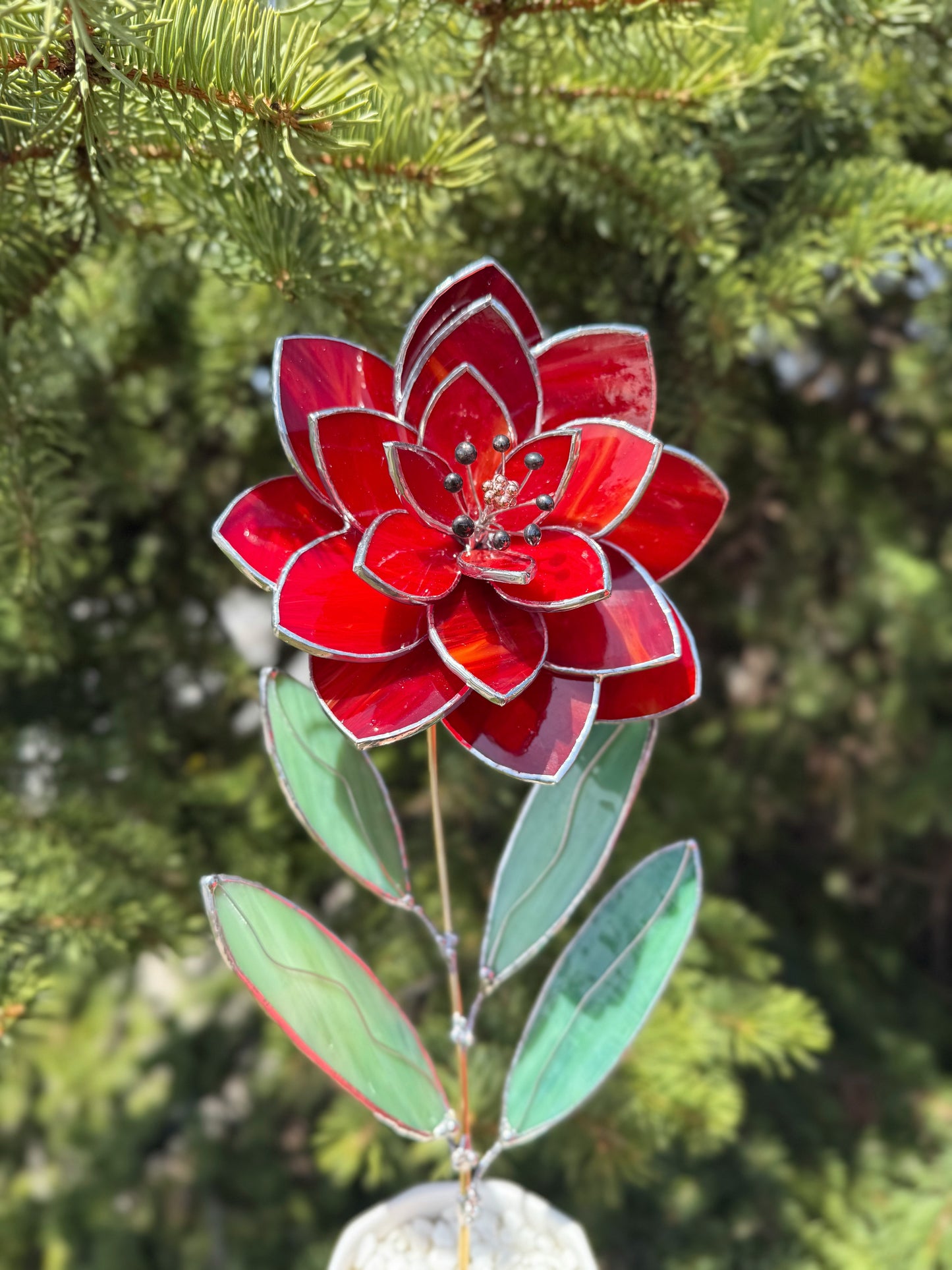 .Amber Red Peony Stained glass flower 3D Botanical Table Plant Decor new