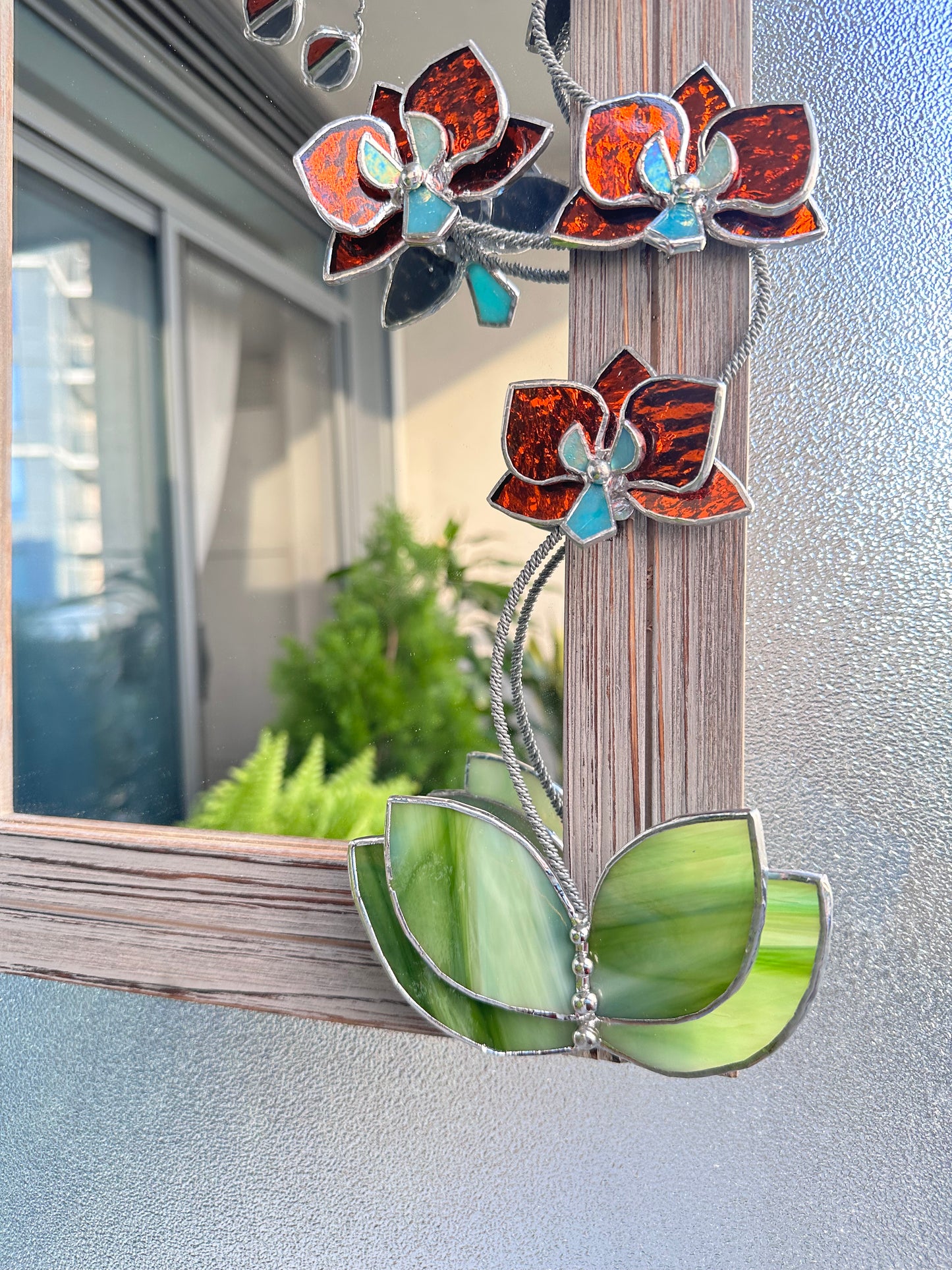 ". Blooming Orchid Amber Silvercoat" Stained glass flower Mirror, Wall decor, Wedding, Christmas gift