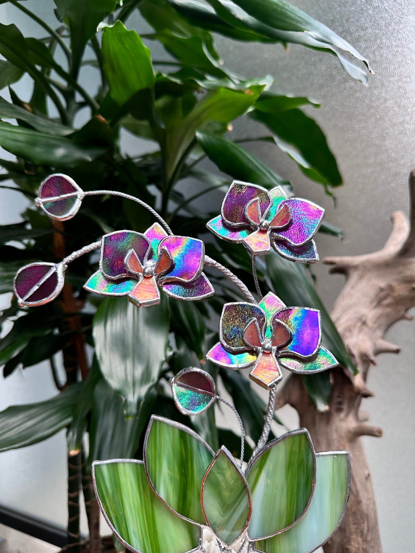 " . Mauve iridescent Orchid 3 flowers with pot” Stained glass tropical flower 3D, Sun catcher, Table plant, Garden stick, Outdoor and gardening decor