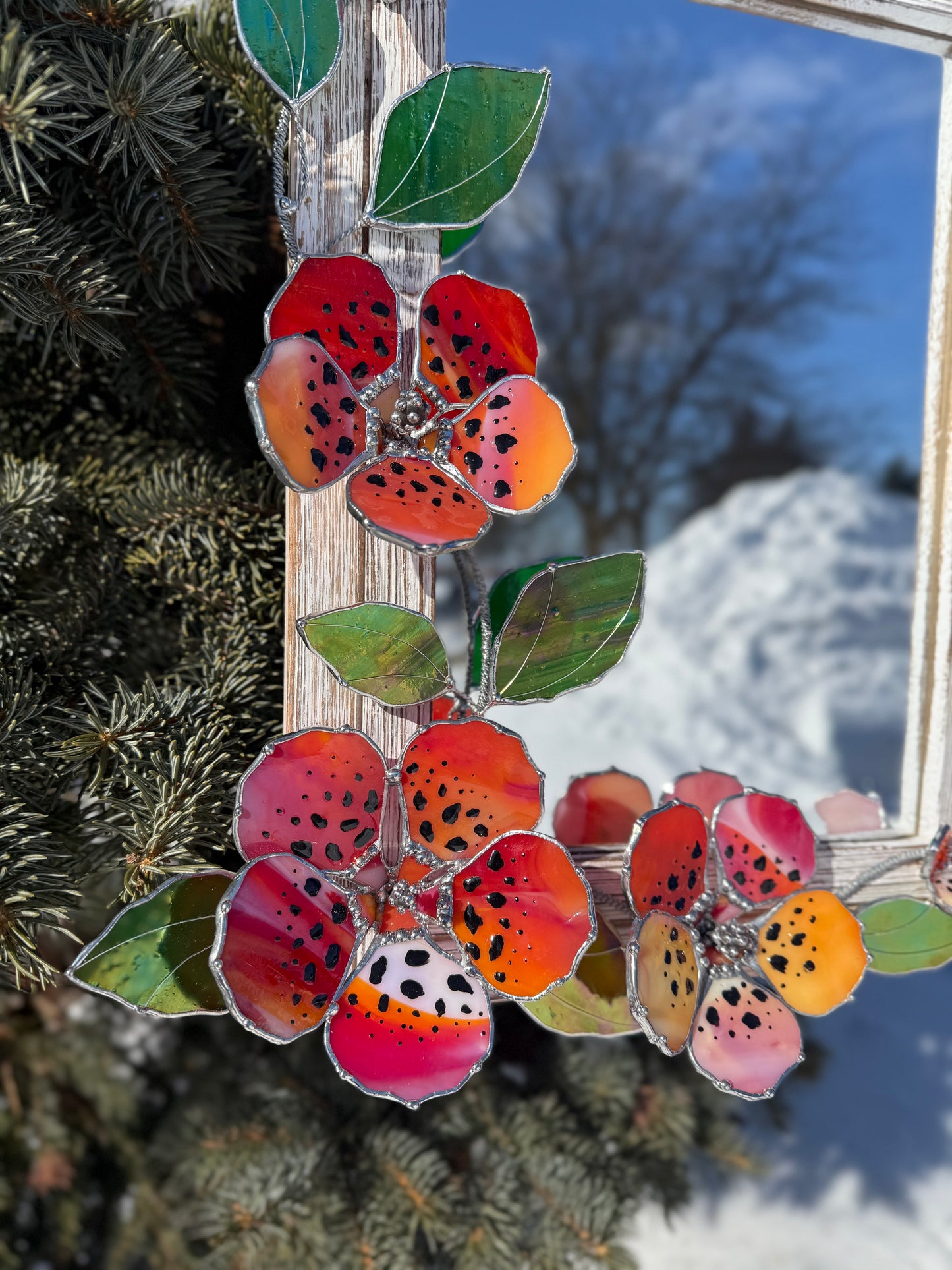 .Tiger Hibiscus Stained glass Wall Mirror, 3D Botanical Floral Art