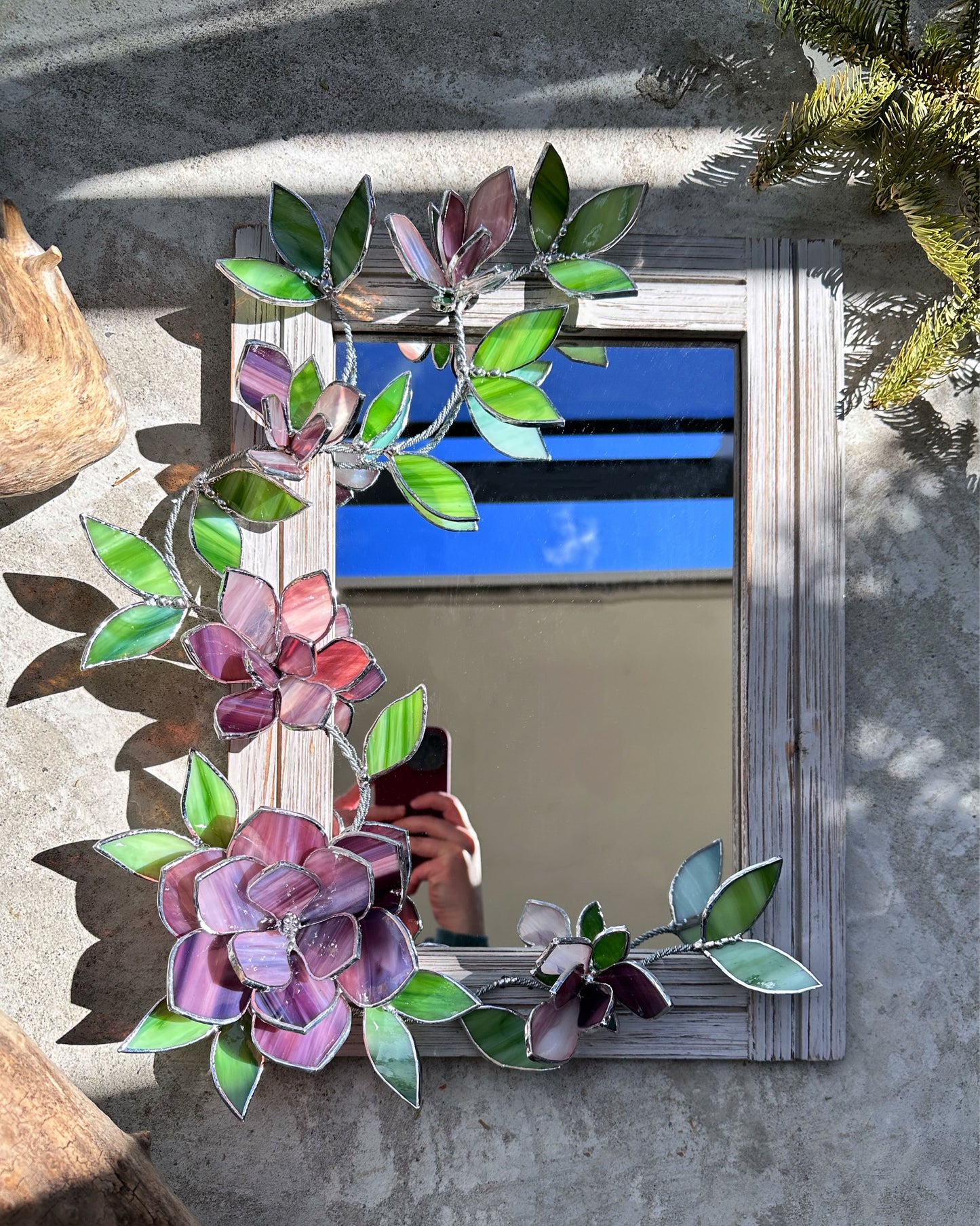 ".Flower Mirror Purple Magnolia, Stained glass Wedding Wall Decor Christmas gift Everlasting, Suncatcher, succulent, cactus