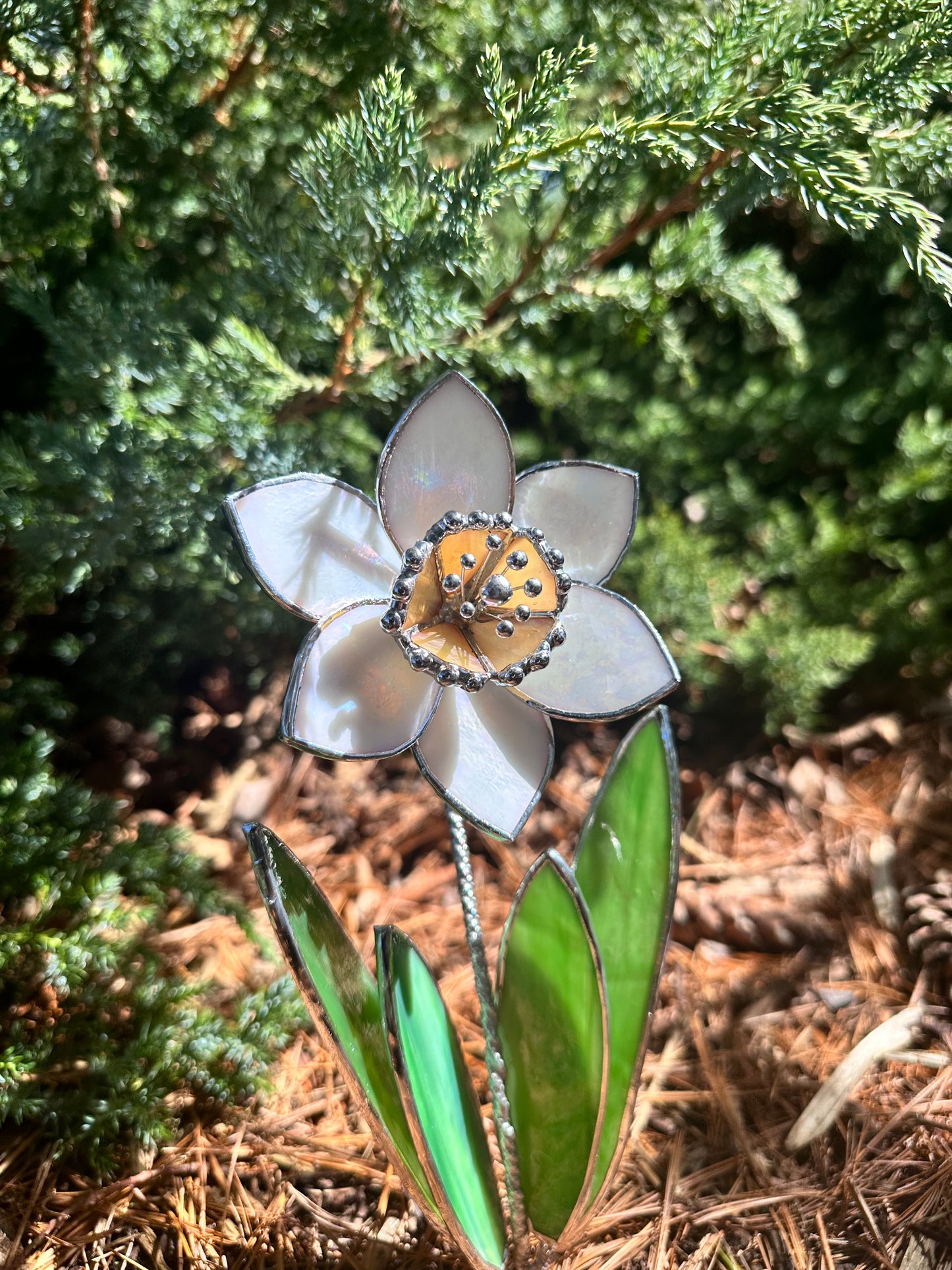 ".Daffodil Flower White Pearl with pot" Stained glass tropical flower 3D, Sun catcher, Table plant decor, Garden stick, wedding decor, Christmas gift