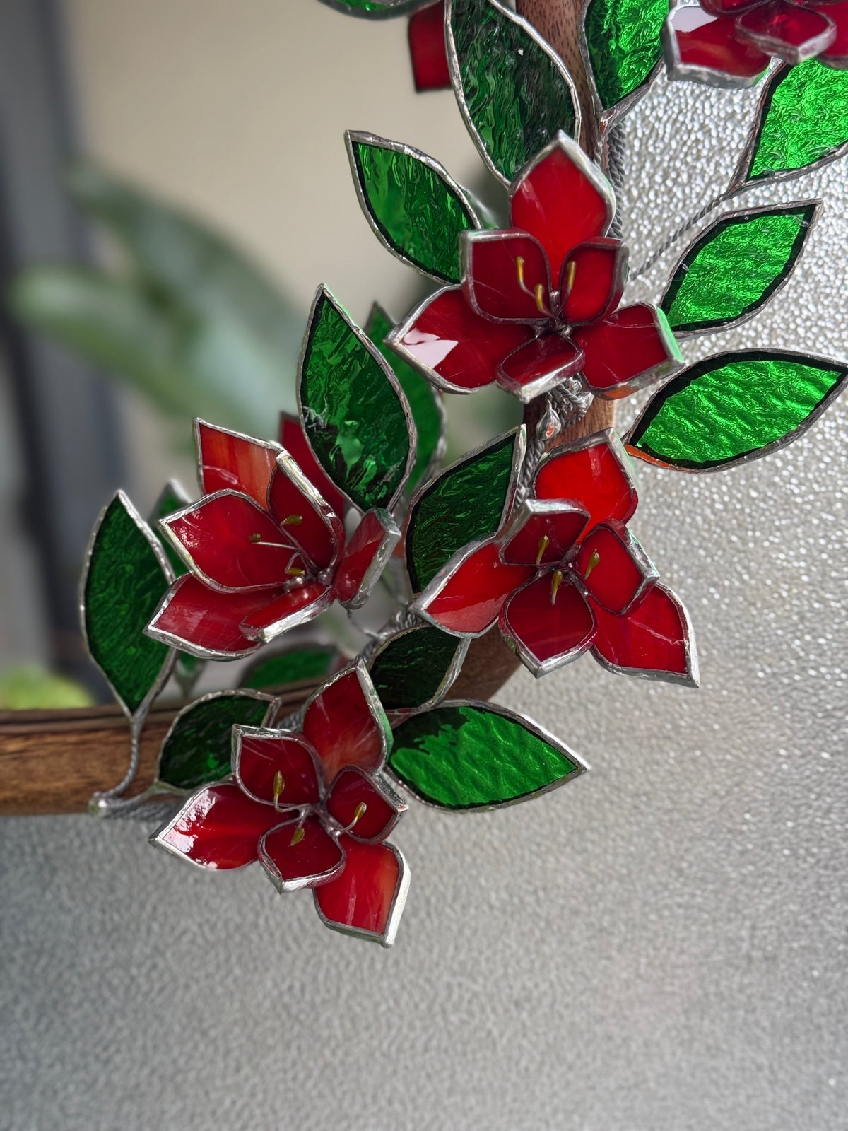 .Amaryllis Flower Mirror, Stained Glass 3D Botanical Floral Wall Art ready new