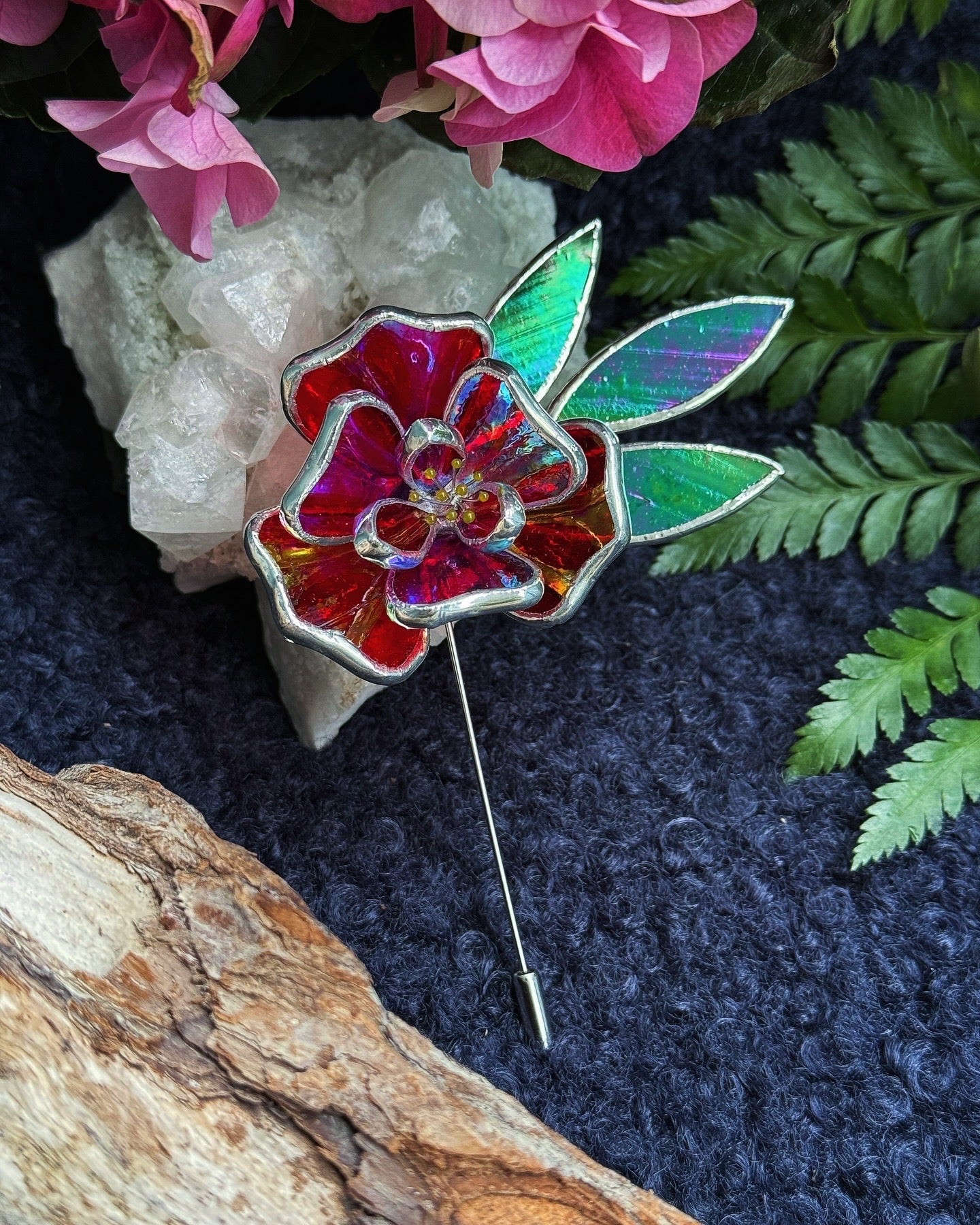 Red Rose Brooch Statement Stained Glass Floral Pin, Modern Art Jewelry